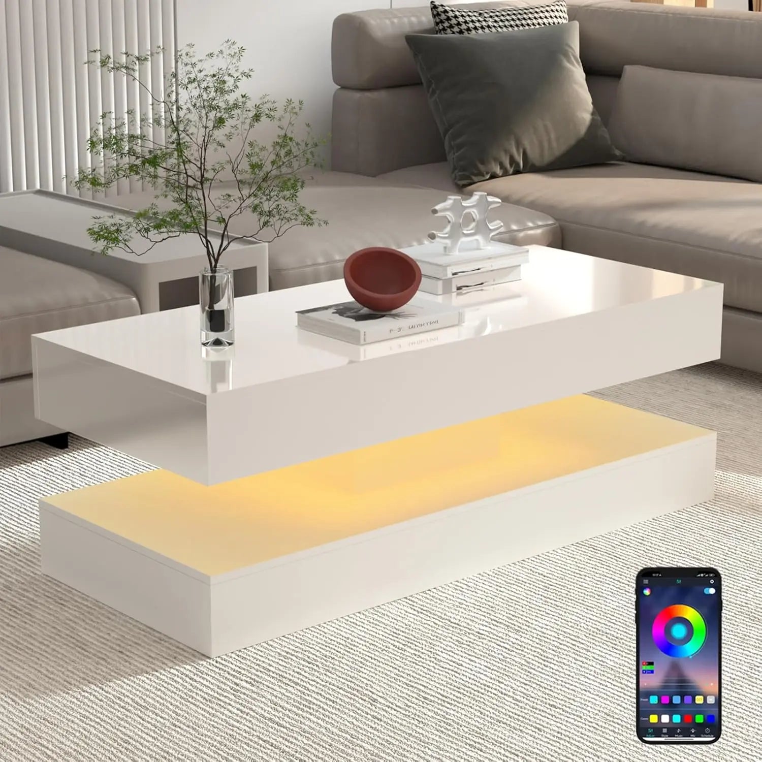 Modern Stylish Coffee Table with LED lights, Double-Layer Design