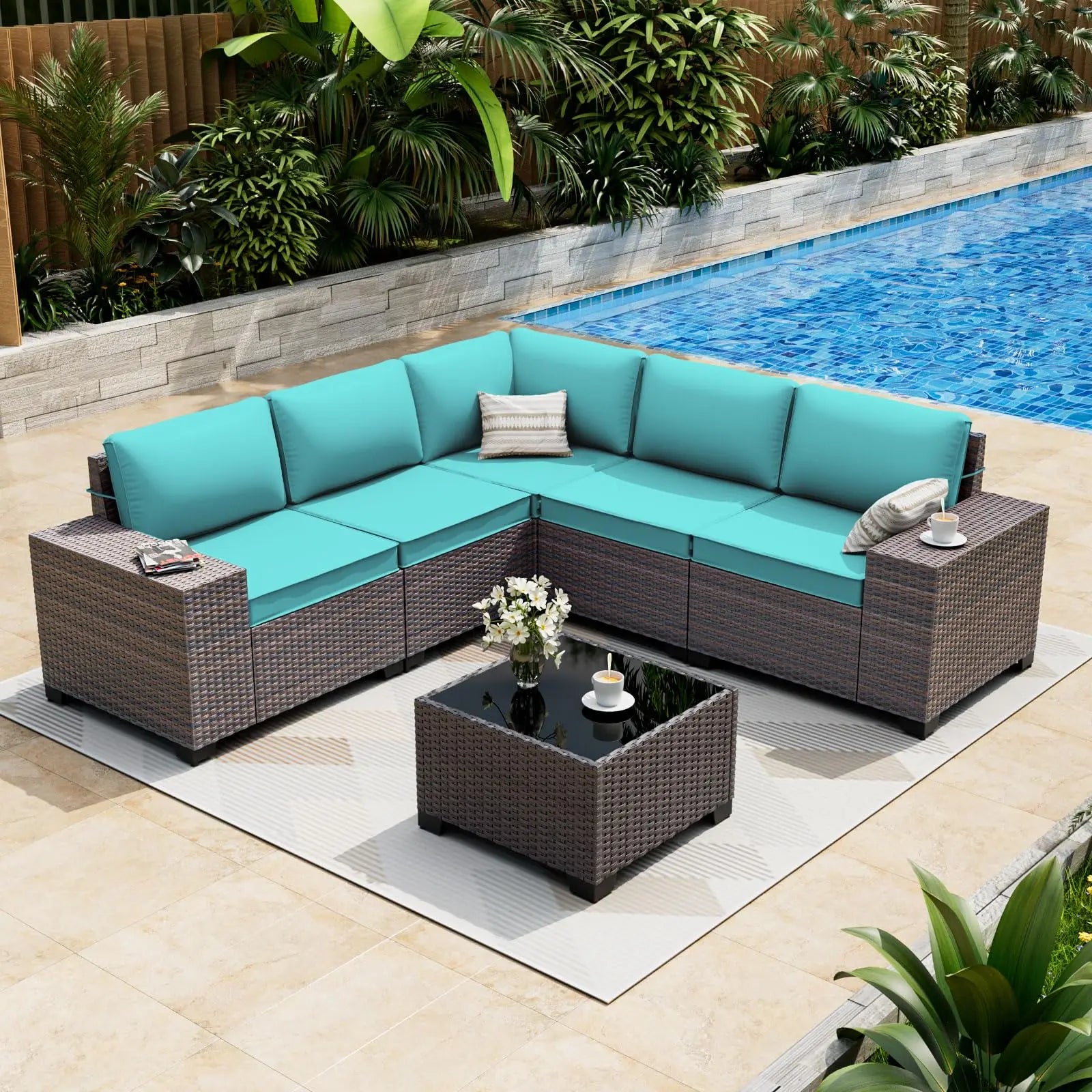 6 Pieces Patio Furniture Set, Oversized Seat/Armrest and High Back Wicker Sectional
