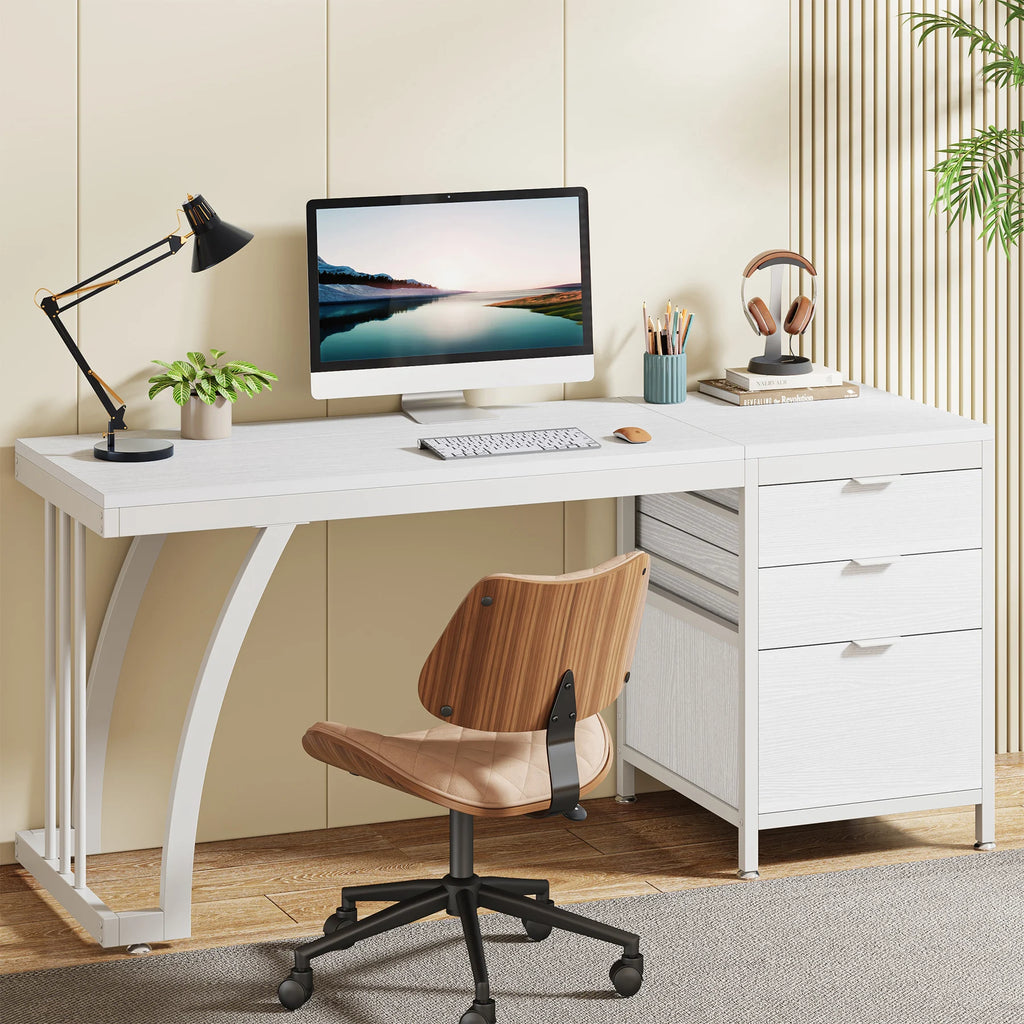Computer Desk with 3 Drawers, 59-Inch PC Desk with Reversible Drawers, Writing Table Workstation