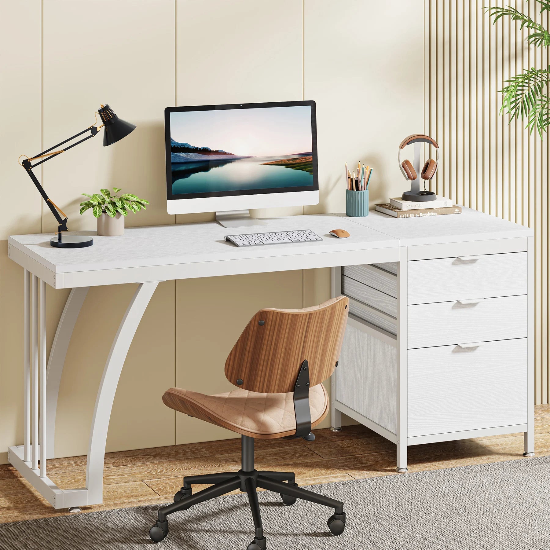 Computer Desk with 3 Drawers, 59-Inch PC Desk with Reversible Drawers, Writing Table Workstation