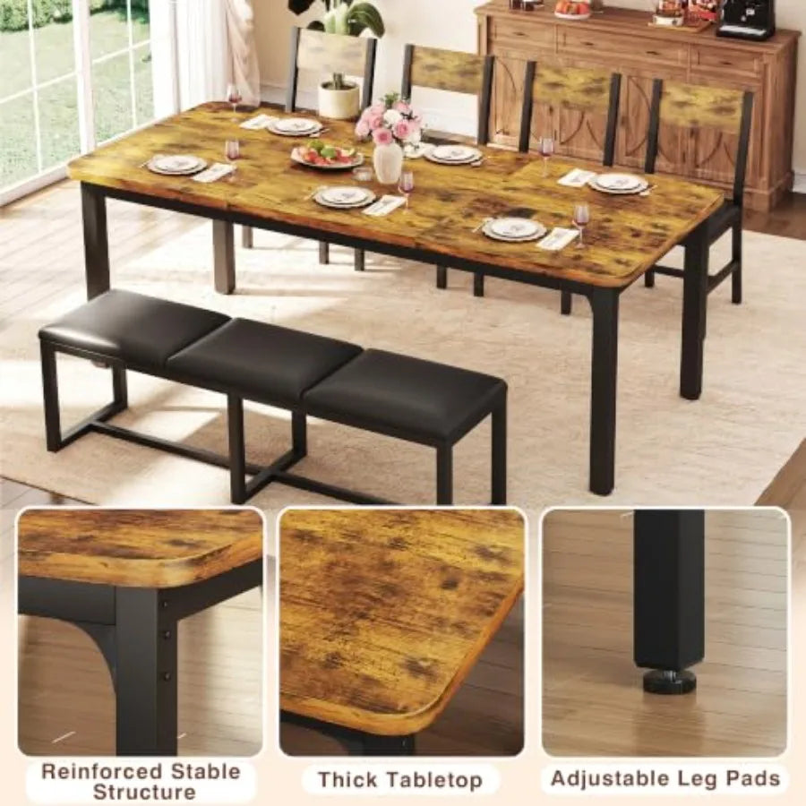 6-Piece Dining Table Set for 6-8, 63'' Long Kitchen Table Cushion Chairs Set with PU Bench and 4 Chairs, Rectangle Dining Table