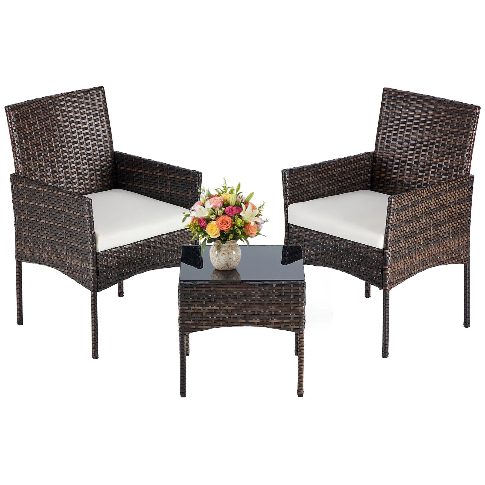 Large Size 3 Pieces Outdoor Patio Furniture Set All-Weather Wicker Bistro Set with Removable Cushions and Glass Table Garden