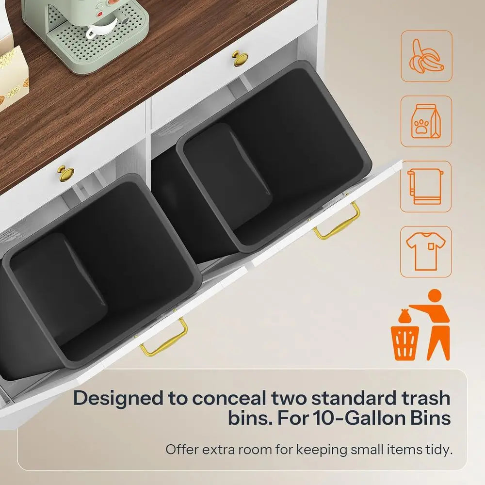 Dual Deck Trash Bin Cabinet, Concealed Waste Storage for Kitchen or Laundry, White and Walnut