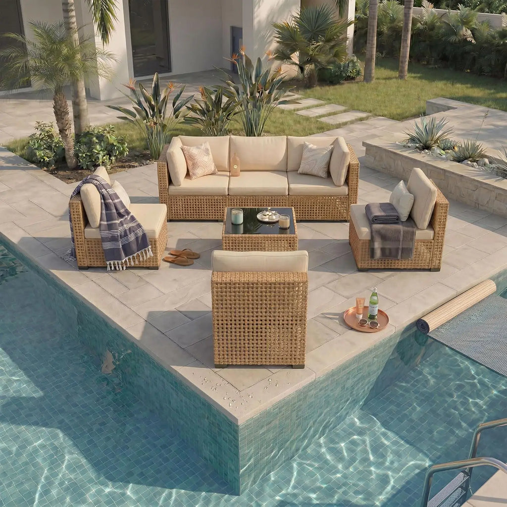 7-Piece All-Weather Rattan Patio Furniture Set Outdoor Modular Wicker Sectional Sofa