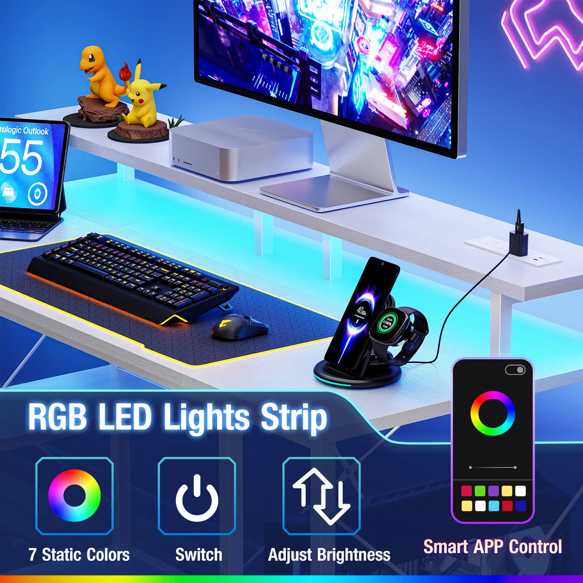 48 Inch Computer Desk with with Shelves Storage Drawers Office Wood Table with LED Lights Power Outlets Gaming Desk