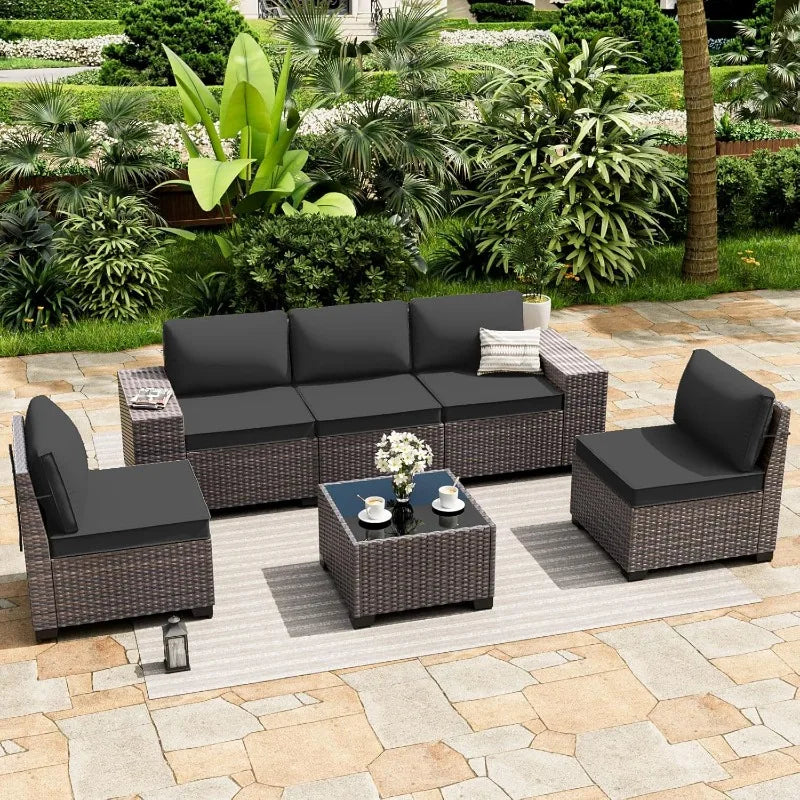 6 Pieces Patio Furniture Set, Oversized Seat/Armrest and High Back Wicker Sectional