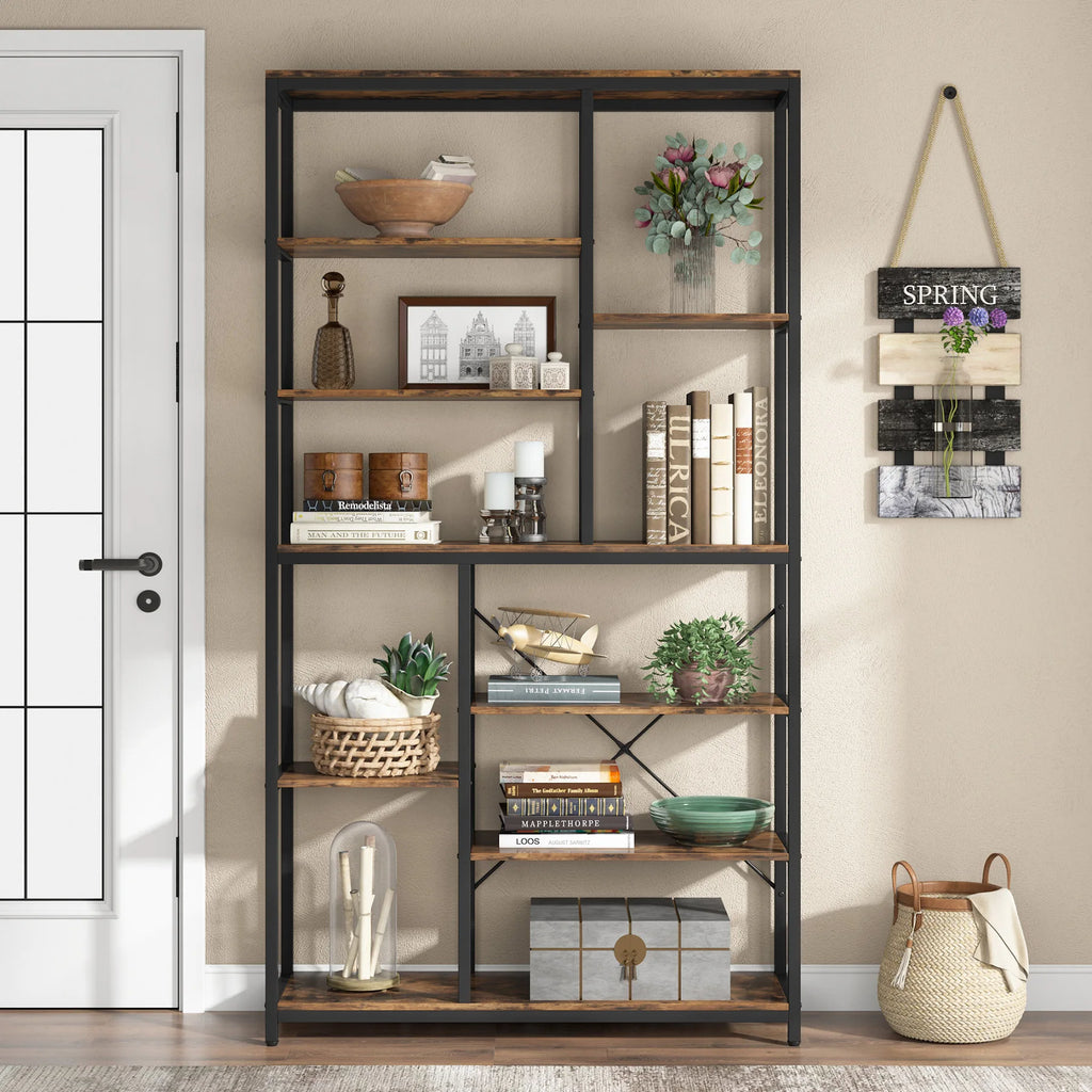 79 Inches Bookcase with Open Shelves, 9-Tier Industrial Bookshelf, 10 Cube Storage Shelves Display Shelf