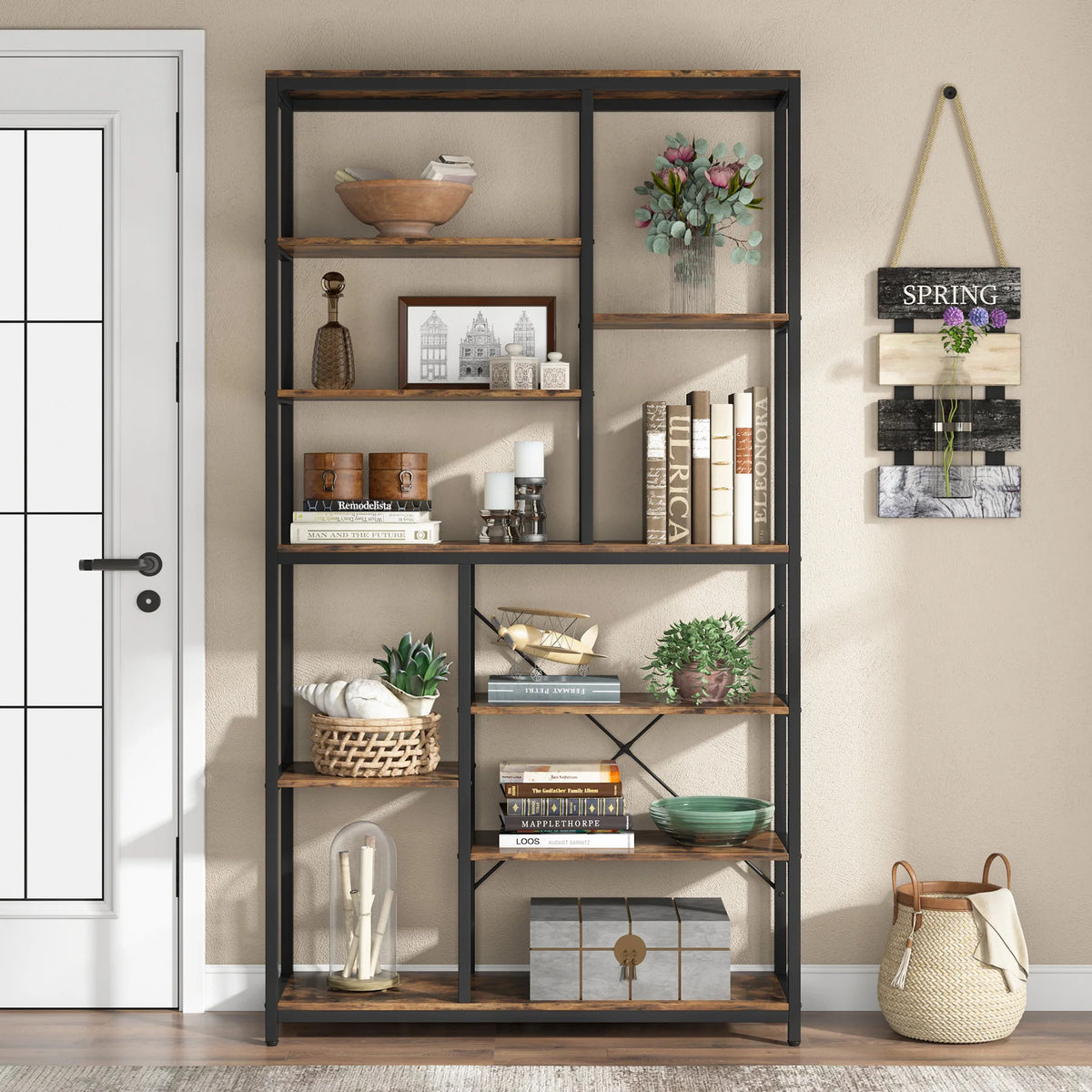 79 Inches Bookcase with Open Shelves, 9-Tier Industrial Bookshelf, 10 Cube Storage Shelves Display Shelf