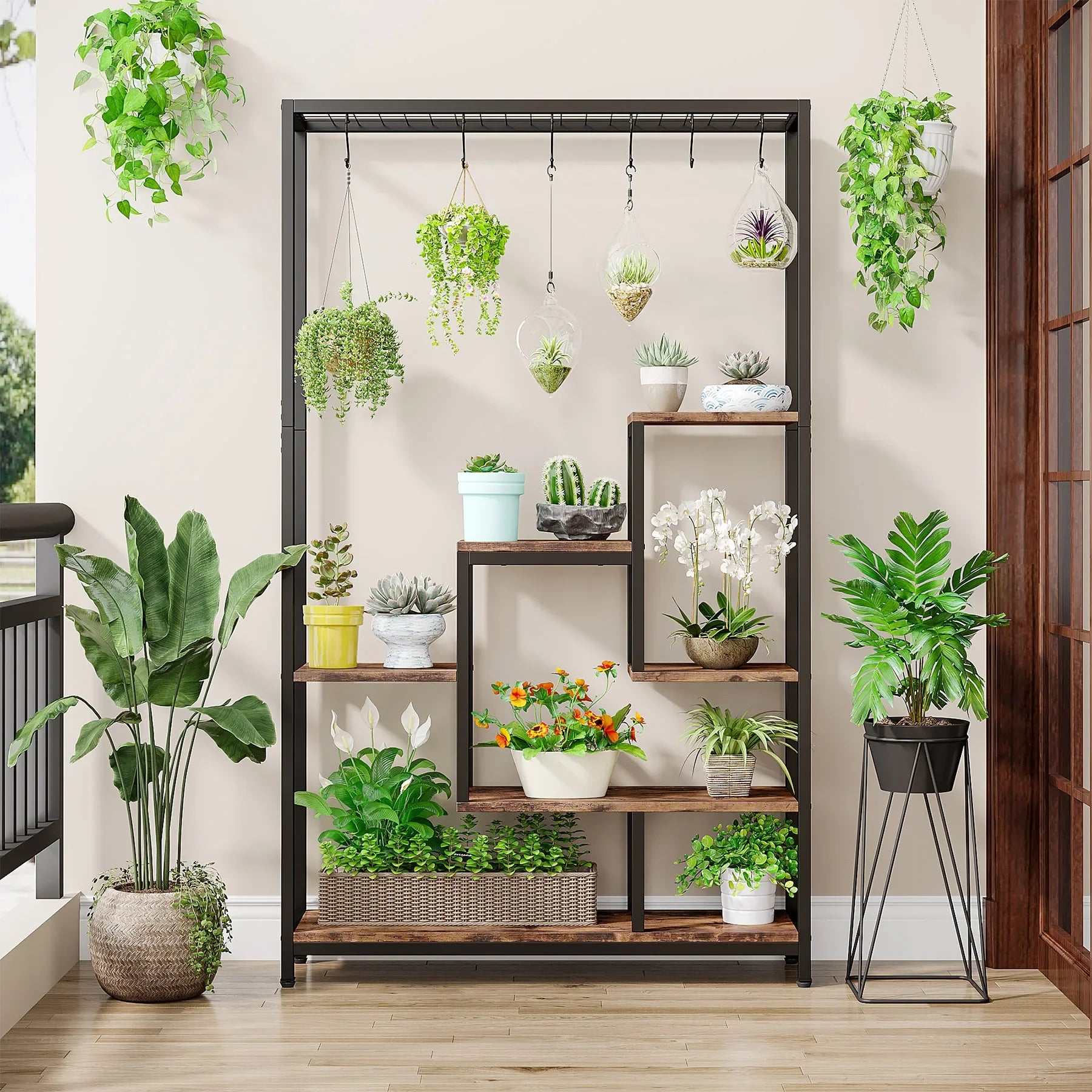 5 Tiers Tall Indoor Plant Stand 70.9 inches Large Metal Plant Shelf with 10 PC S Hanging Hooks for Garden