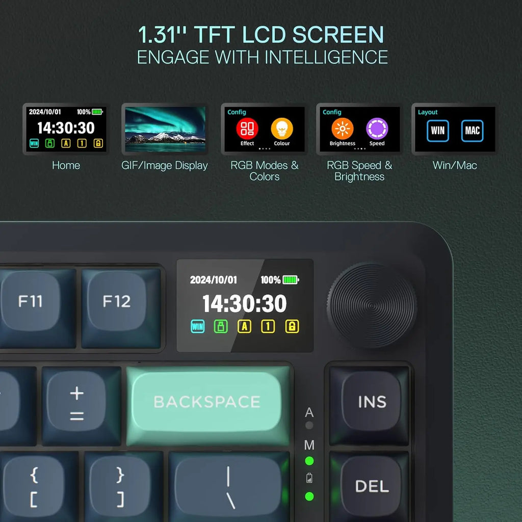 Wireless Gasket Gaming Keyboard w/Hype Screen & Knob, 81-Key Mechanical Keyboard, Mint Mambo Switches