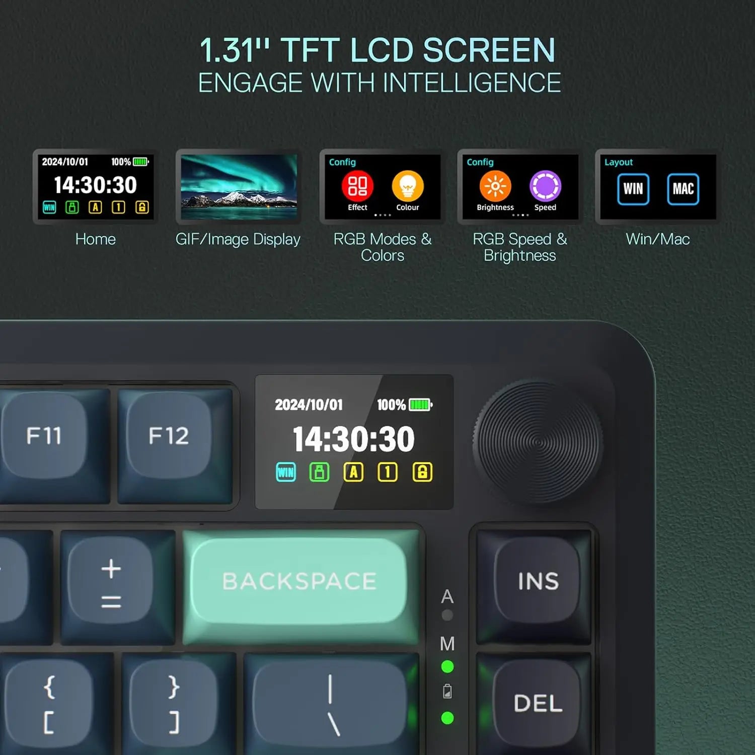 Wireless Gasket Gaming Keyboard w/Hype Screen & Knob, 81-Key Mechanical Keyboard, Mint Mambo Switches