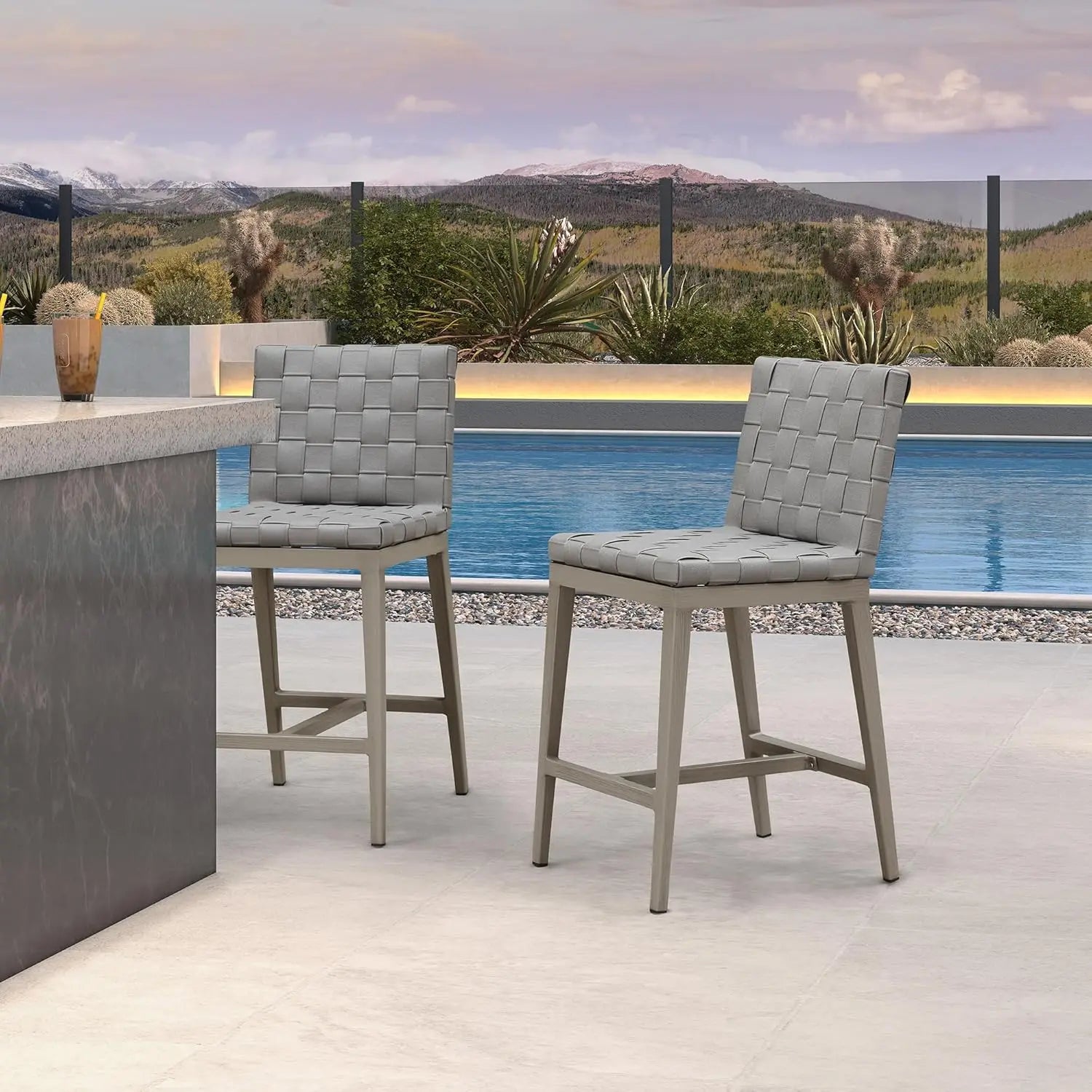 Counter Height Bar Stools Set of 2 PU Leather Aluminum Frame Patio Poolside Garden Kitchen Island Grey, Customized