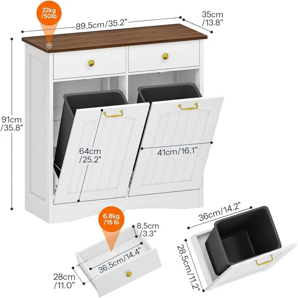 Dual Deck Trash Bin Cabinet, Concealed Waste Storage for Kitchen or Laundry, White and Walnut