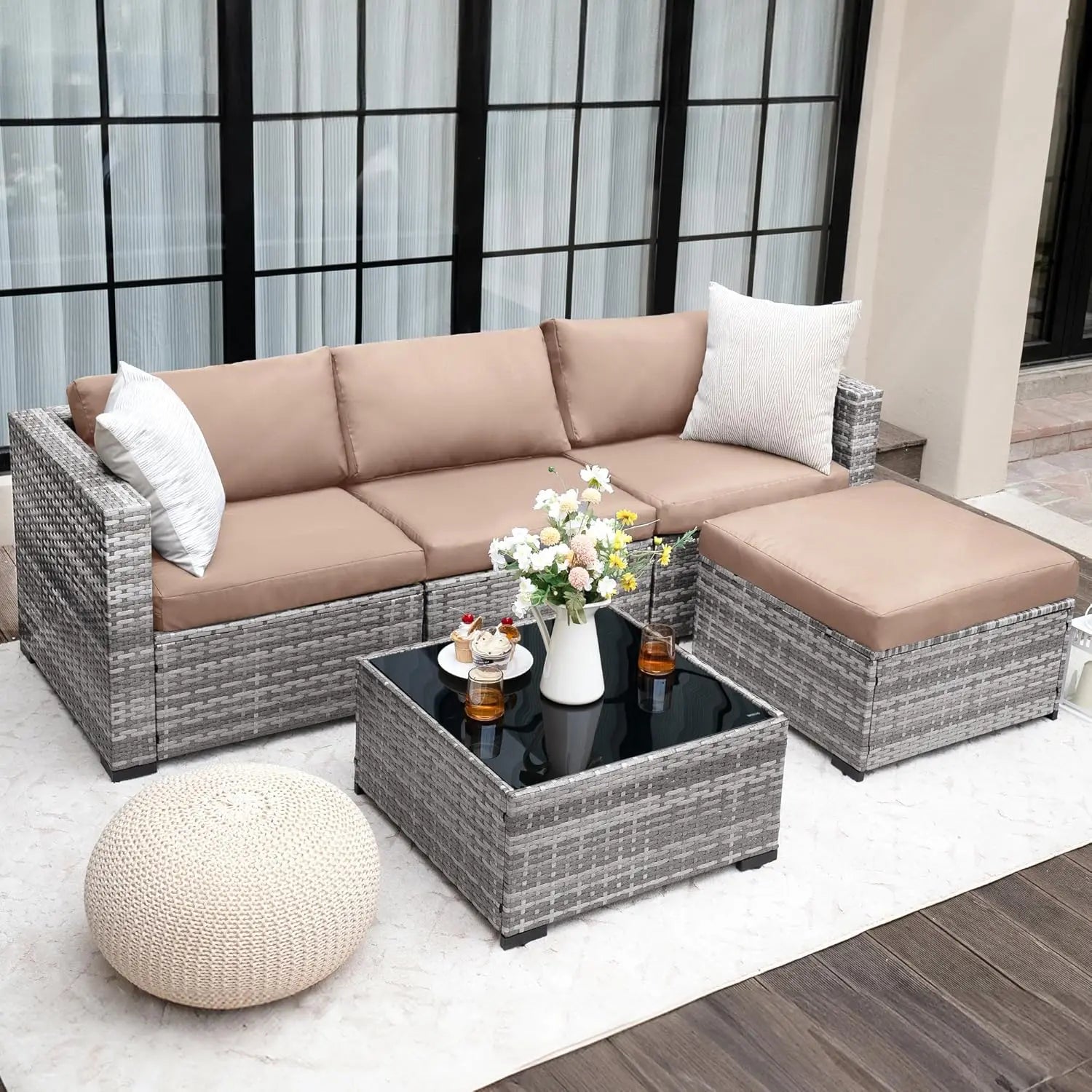 5 Piece Patio Furniture Set, All-Weather Wicker Outdoor Sectional Sofa, L Shaped Outdoor Conversation Couch with, Customized