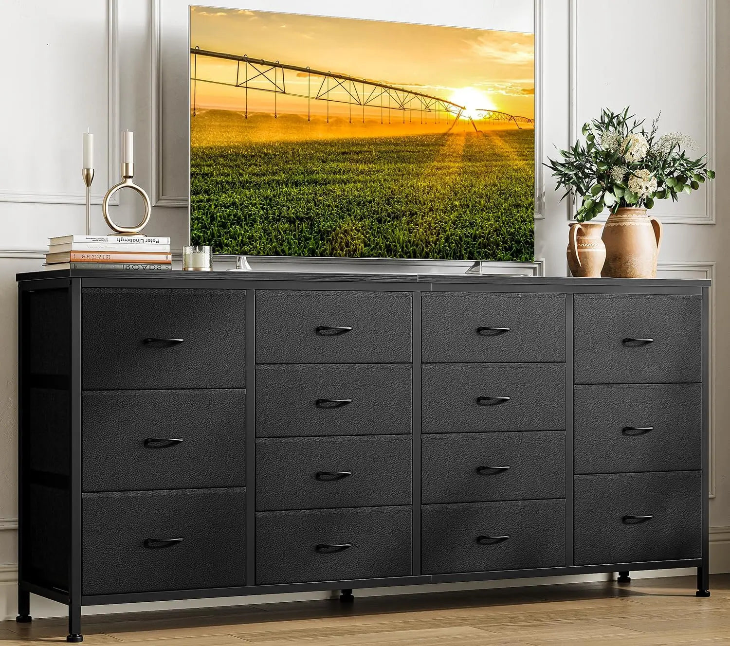 14 Drawer Dresser 63 in Black Fabric Dresser TV Stand with Power Outlet