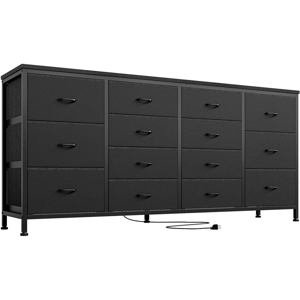 14 Drawer Dresser 63 in Black Fabric Dresser TV Stand with Power Outlet
