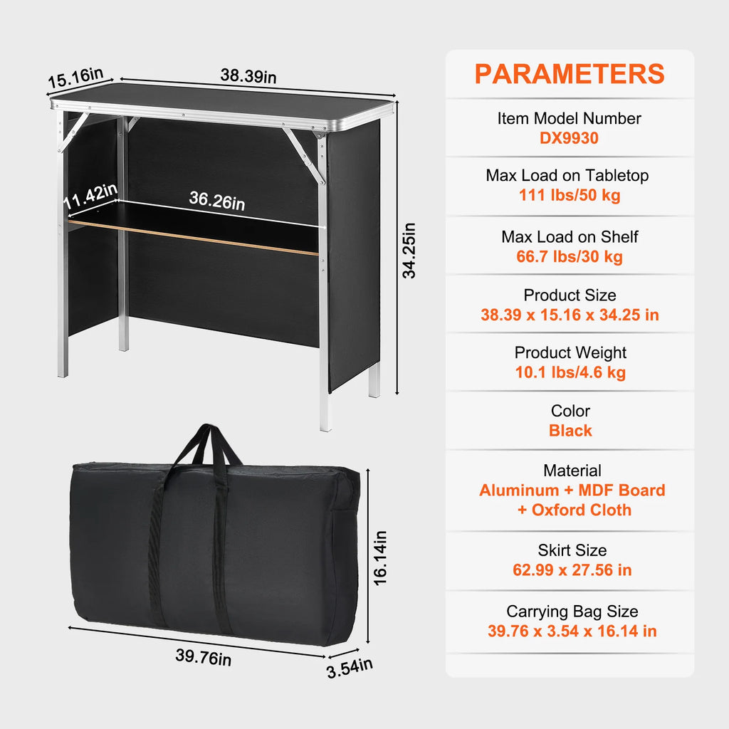 Folding Portable Bar Table Tradeshow Podium Table for Party Picnic Exhibition Include Carrying Case Storage Shelf Skirt
