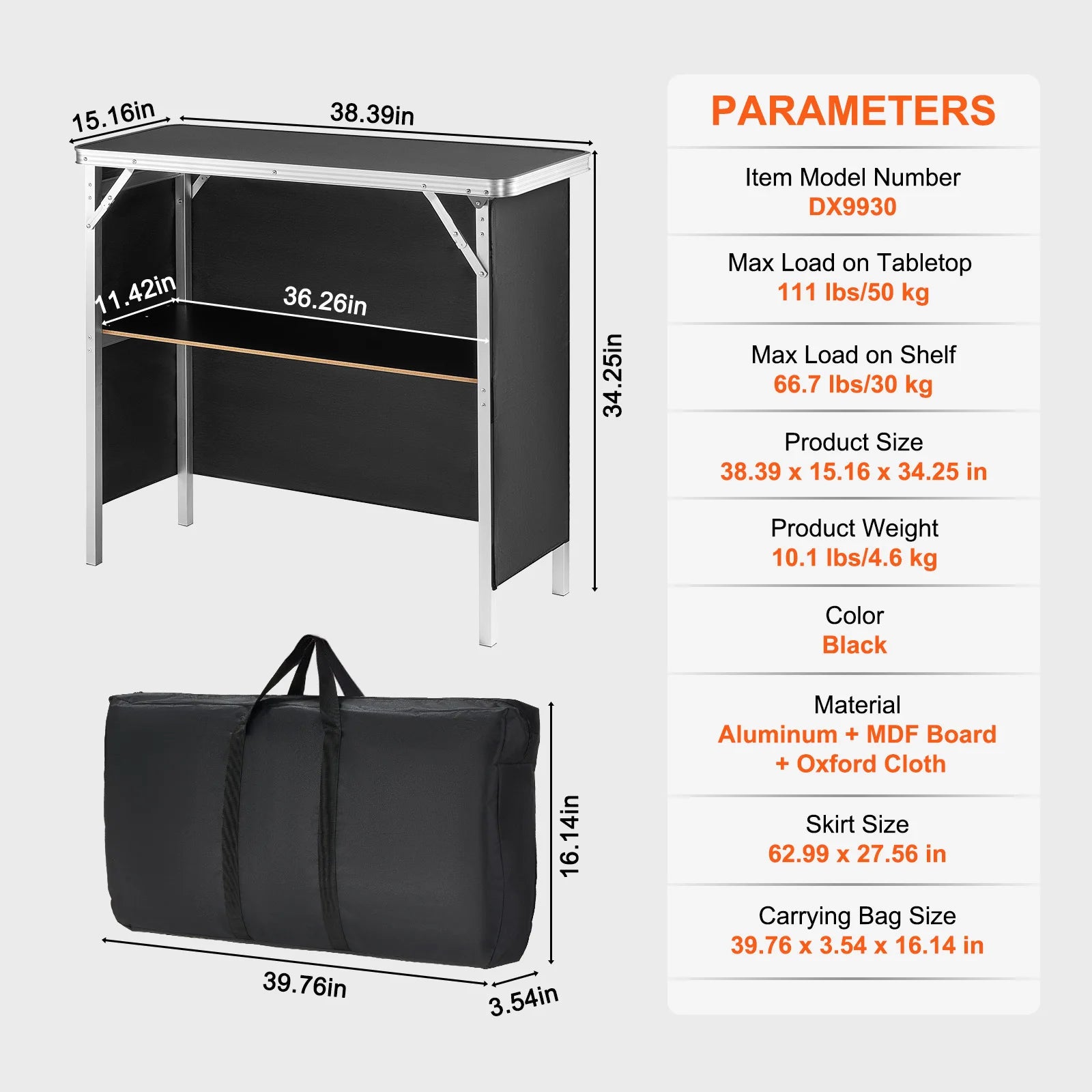 Folding Portable Bar Table Tradeshow Podium Table for Party Picnic Exhibition Include Carrying Case Storage Shelf Skirt