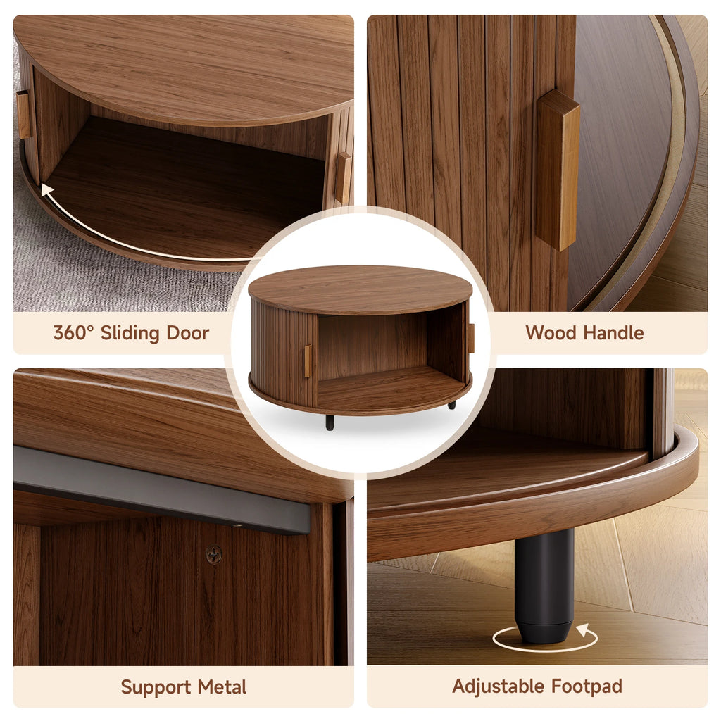 Round Coffee Table with Storage,31.5" Coffee Table with 360° Curved Sliding Door,