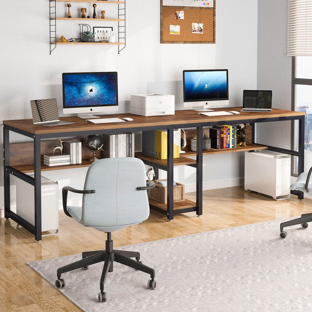 Two Person Desk with Bookshelf, 78.7 Computer Office Double Desk for Two Person, Rustic Writing Desk Workstation