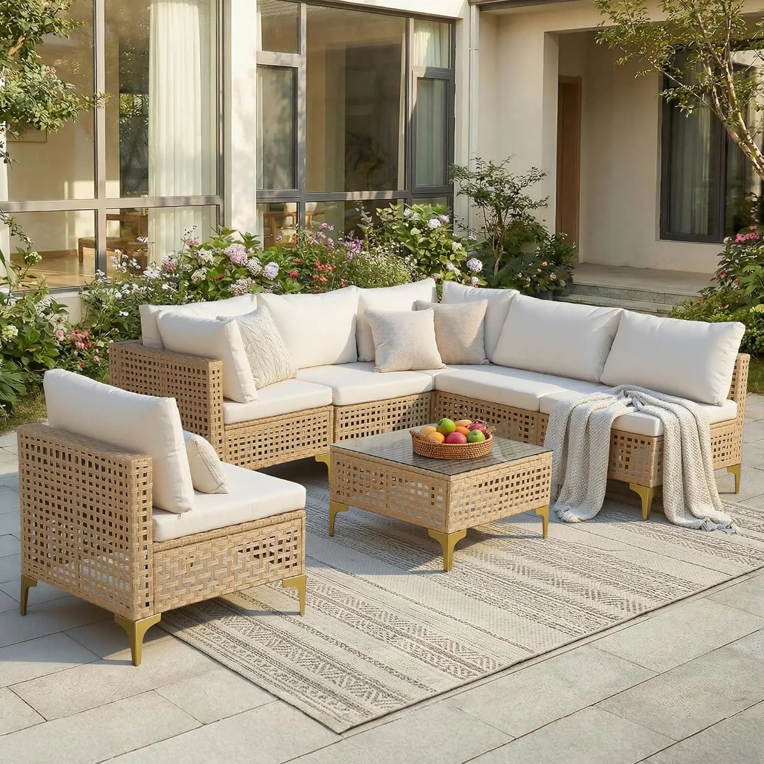7-Piece Wicker Patio Sectional Sofa with Cushions & Glass Coffee Table for Porch Garden