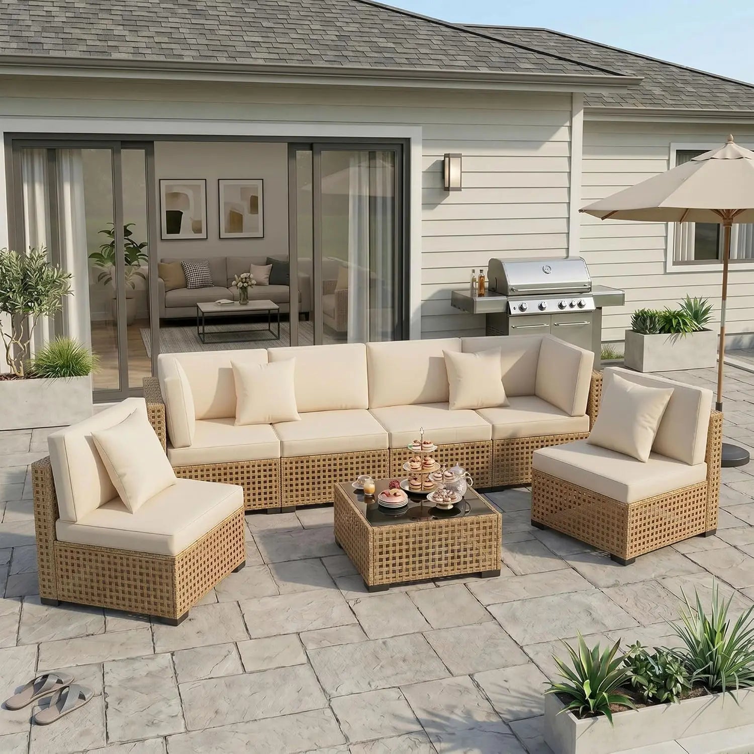 7-Piece All-Weather Rattan Patio Furniture Set Outdoor Modular Wicker Sectional Sofa