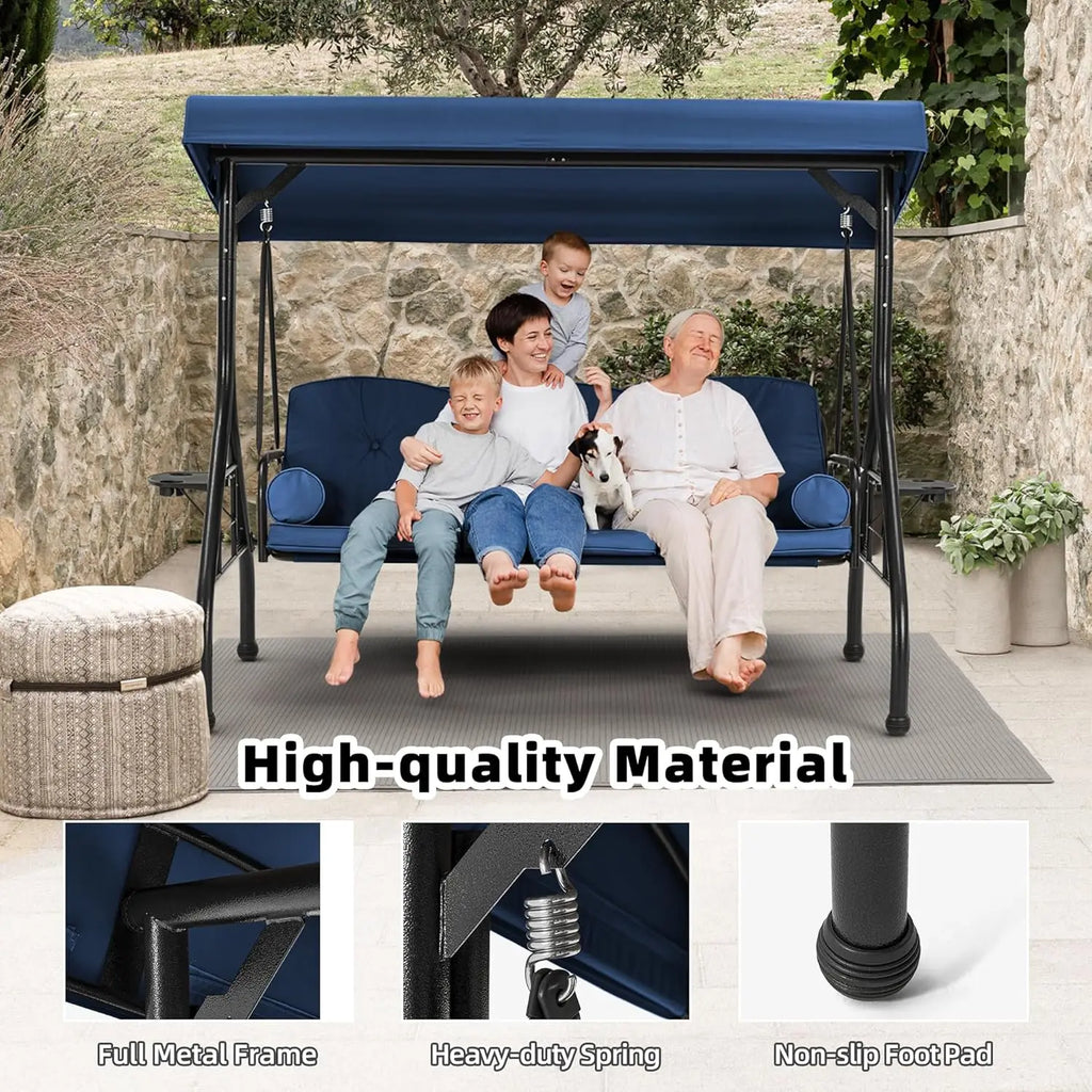 3 Seat Outdoor Porch Swing Bed Adjustable Canopy Convertible Patio Glider Cup Holder Cushions Pillow Backyard Customized