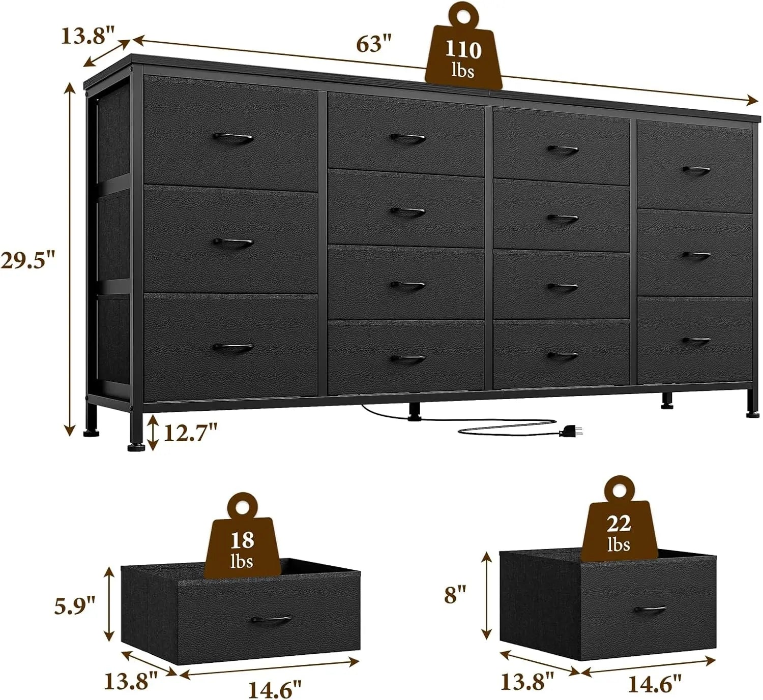 14 Drawer Dresser 63 in Black Fabric Dresser TV Stand with Power Outlet