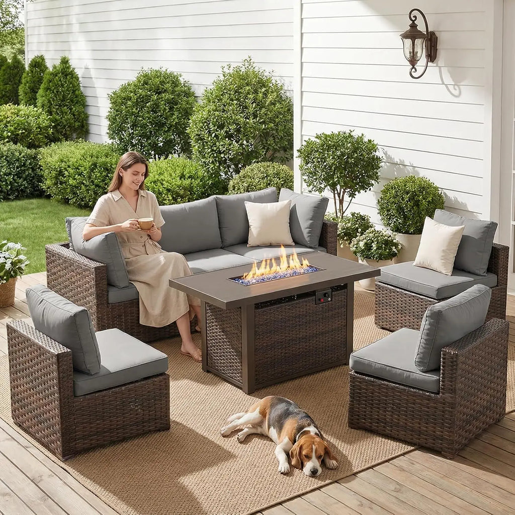 7-Pieces Patio Furniture Sets Outdoor Sectional Sofa with 44'' Propane Rattan Wicker Firepit Table,