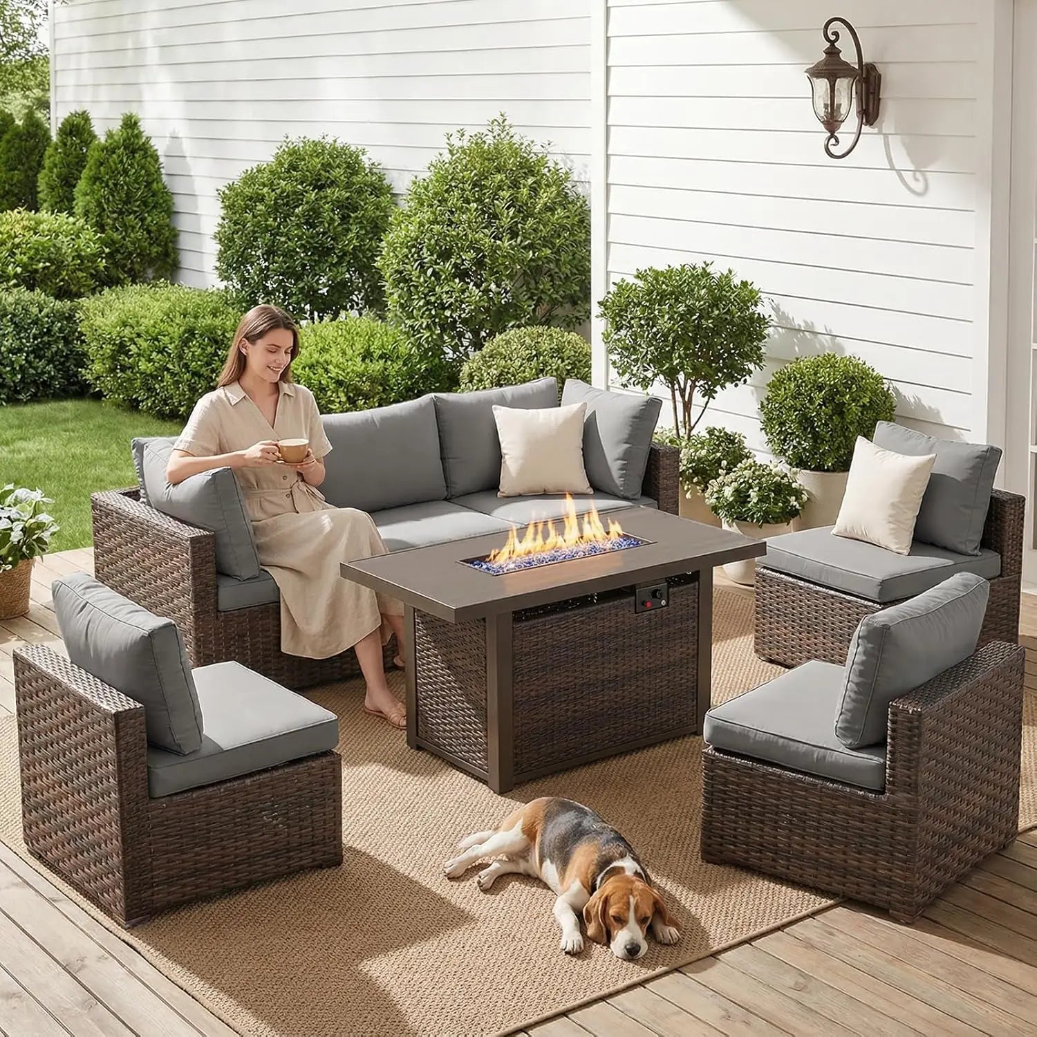 7-Pieces Patio Furniture Sets Outdoor Sectional Sofa with 44'' Propane Rattan Wicker Firepit Table,