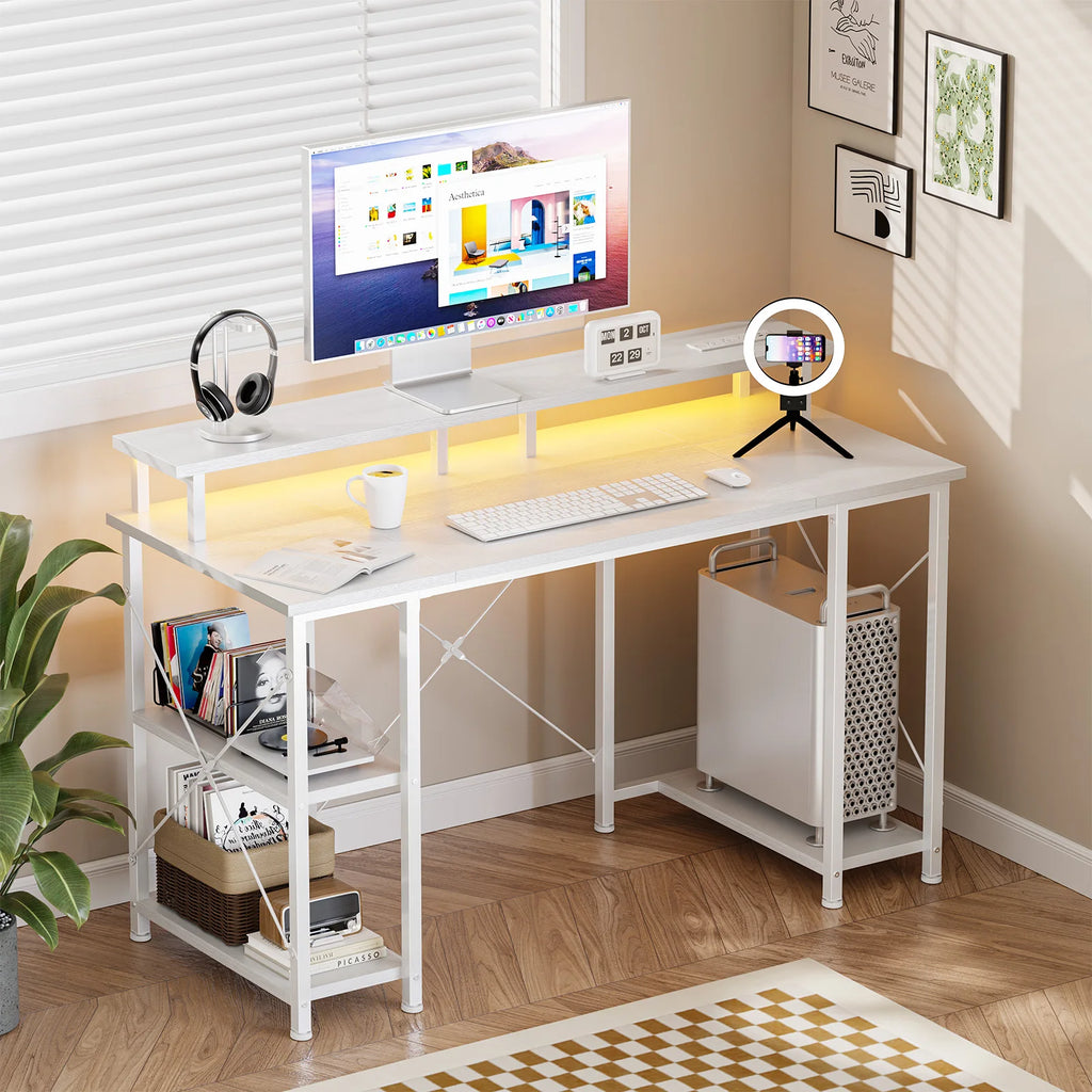 48 Inch Computer Desk with with Shelves Storage Drawers Office Wood Table with LED Lights Power Outlets Gaming Desk