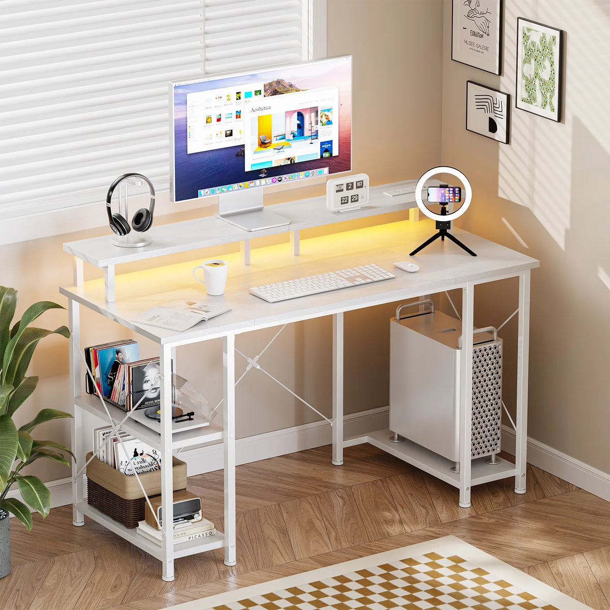 48 Inch Computer Desk with with Shelves Storage Drawers Office Wood Table with LED Lights Power Outlets Gaming Desk