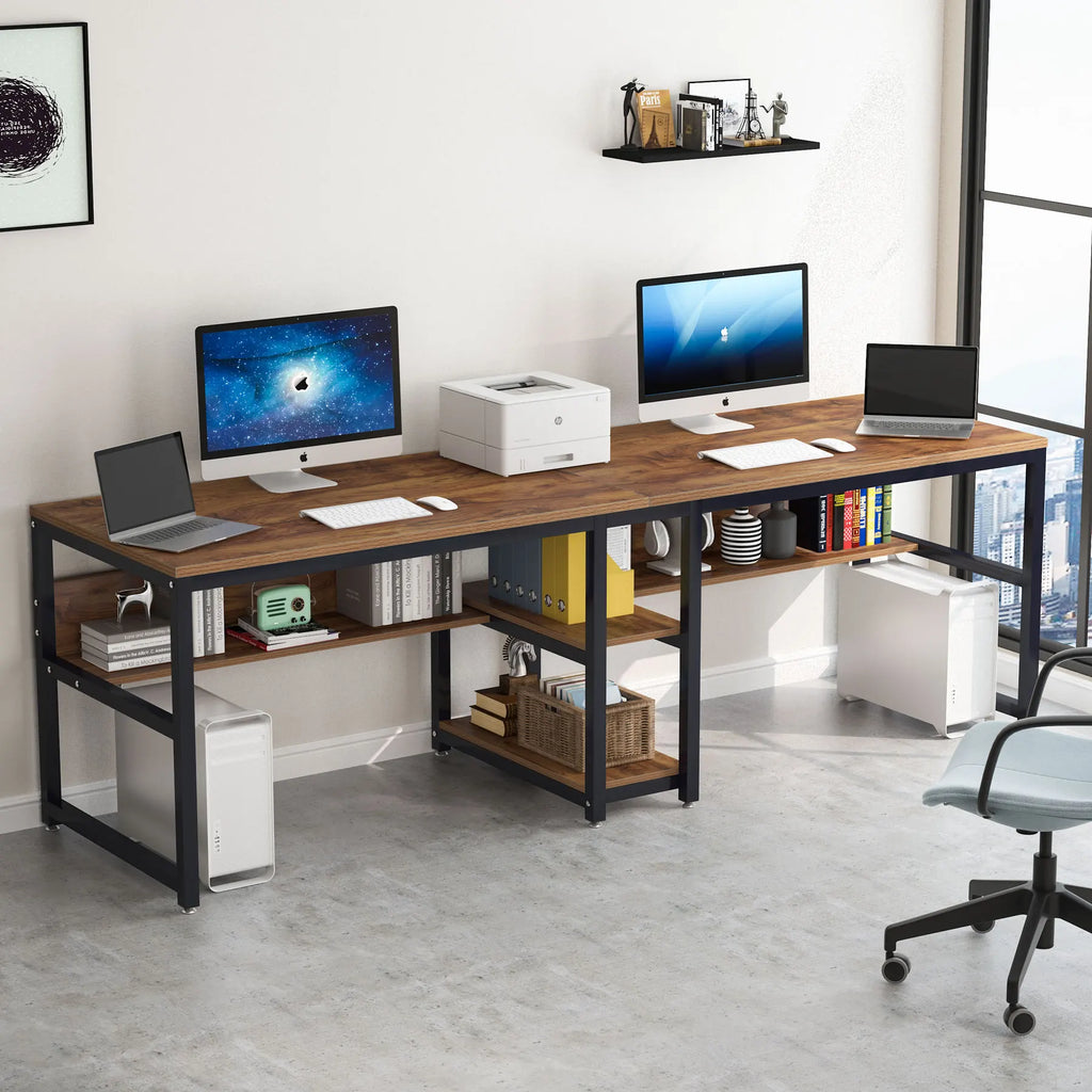 Two Person Desk with Bookshelf, 78.7 Computer Office Double Desk for Two Person, Rustic Writing Desk Workstation
