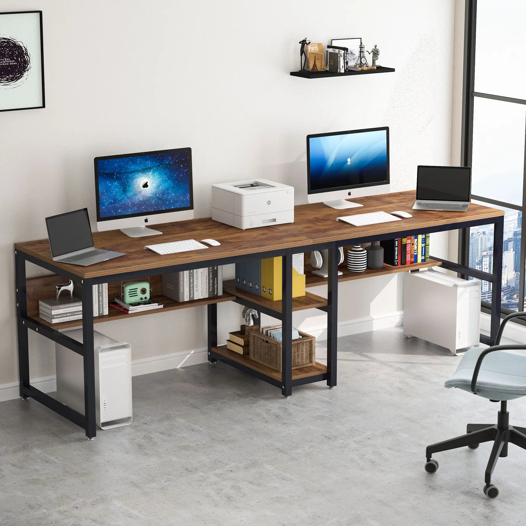 Two Person Desk with Bookshelf, 78.7 Computer Office Double Desk for Two Person, Rustic Writing Desk Workstation