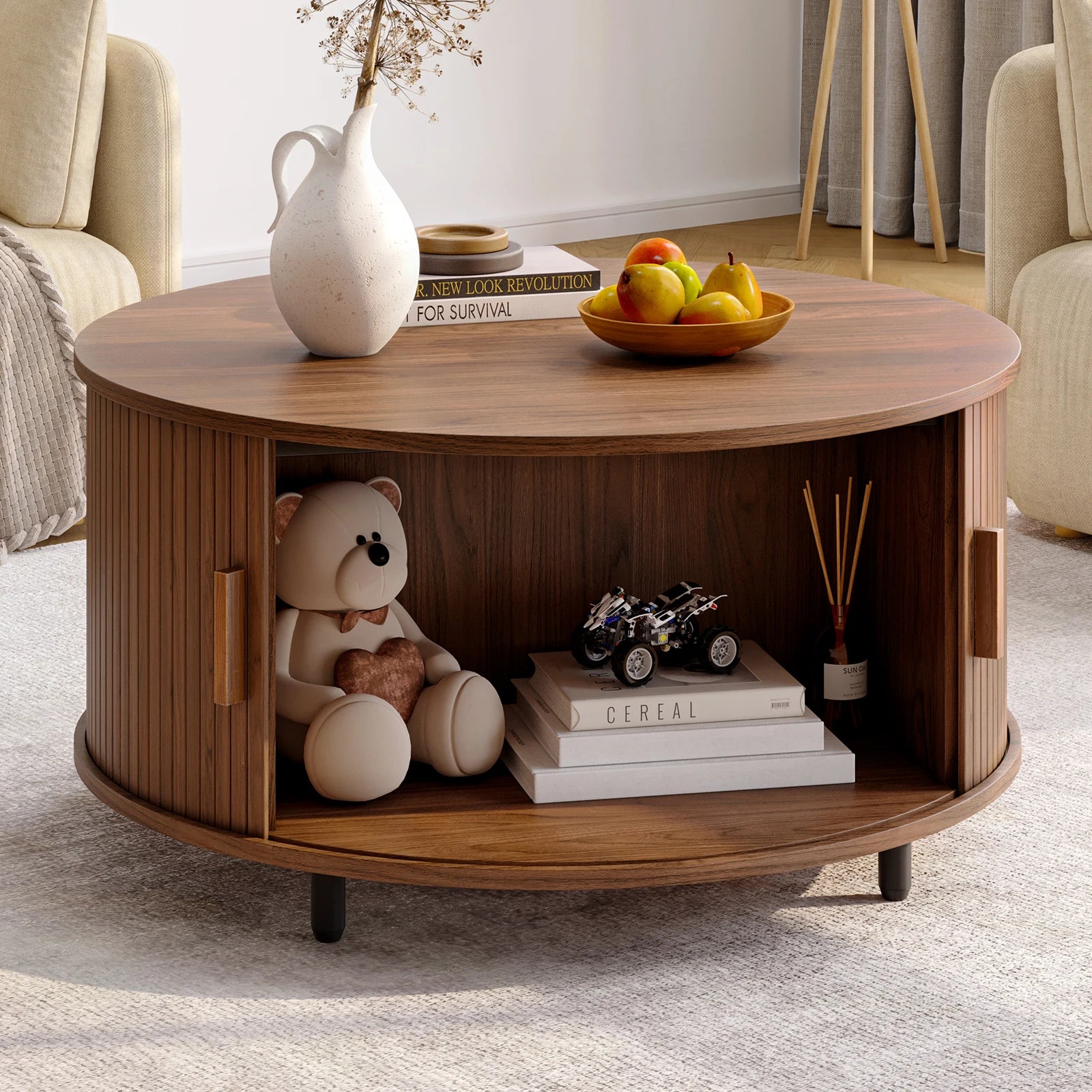 Round Coffee Table with Storage,31.5" Coffee Table with 360° Curved Sliding Door,