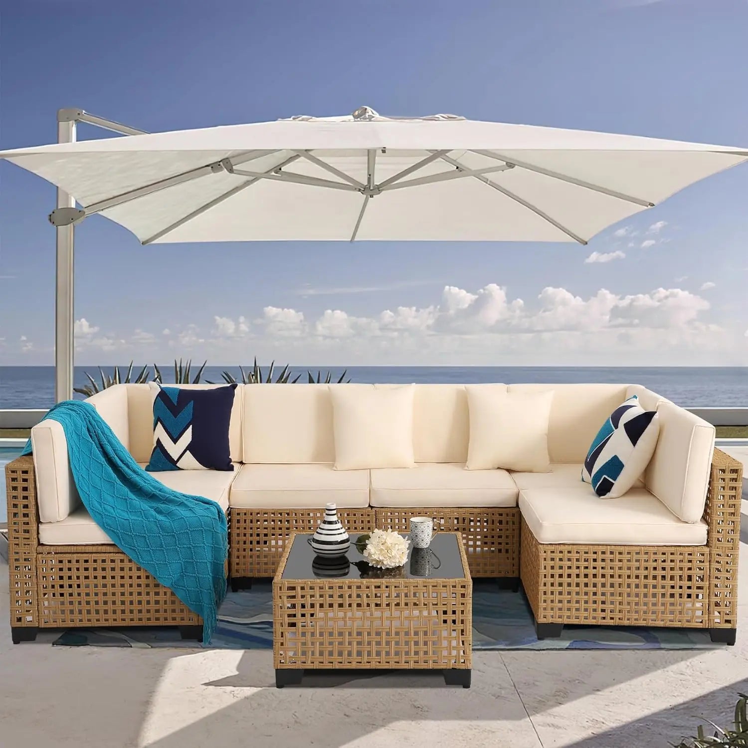7-Piece All-Weather Rattan Patio Furniture Set Outdoor Modular Wicker Sectional Sofa