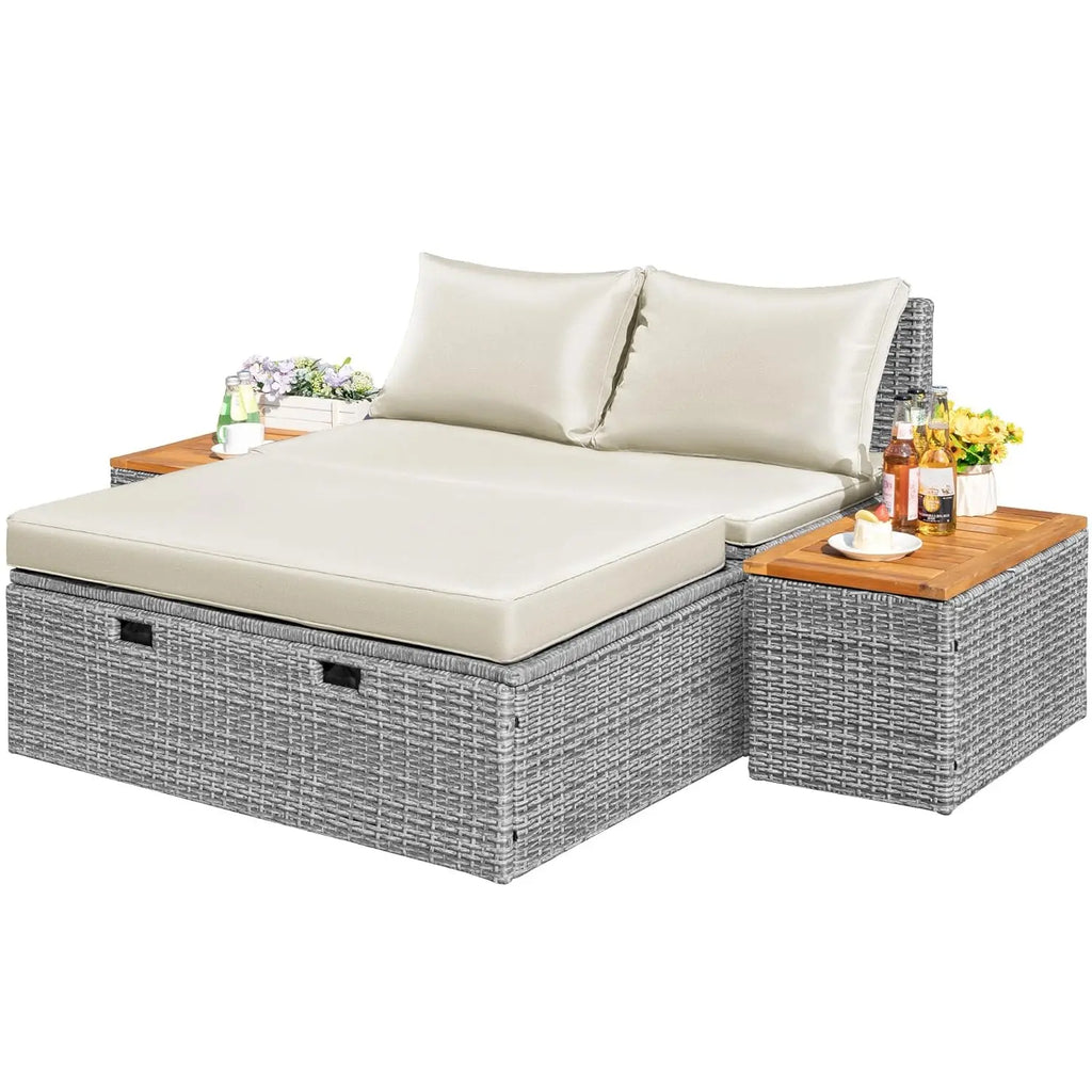 Outdoor Rattan Daybed with 2 Side Tables, with Storage Ottoman