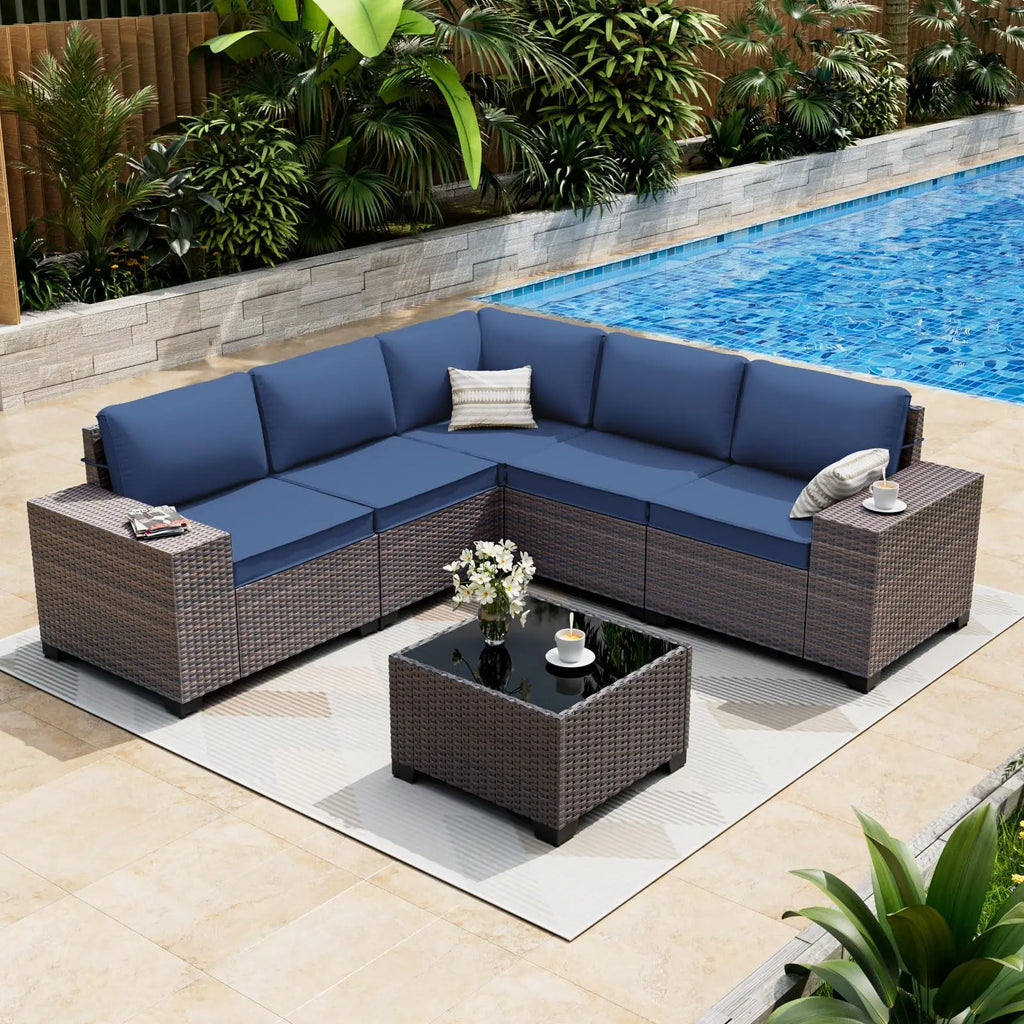 6 Pieces Patio Furniture Set, Oversized Seat/Armrest and High Back Wicker Sectional