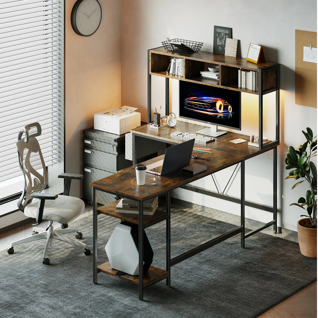 L Shaped Standing Office Computer Desk with LED Lighting Ergonomic Reversible Computer Desks Gaming Table for Home Office Use Workstation