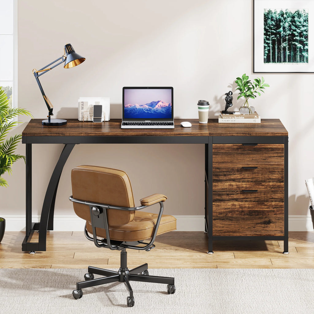 Computer Desk with 3 Drawers, 59-Inch PC Desk with Reversible Drawers, Writing Table Workstation