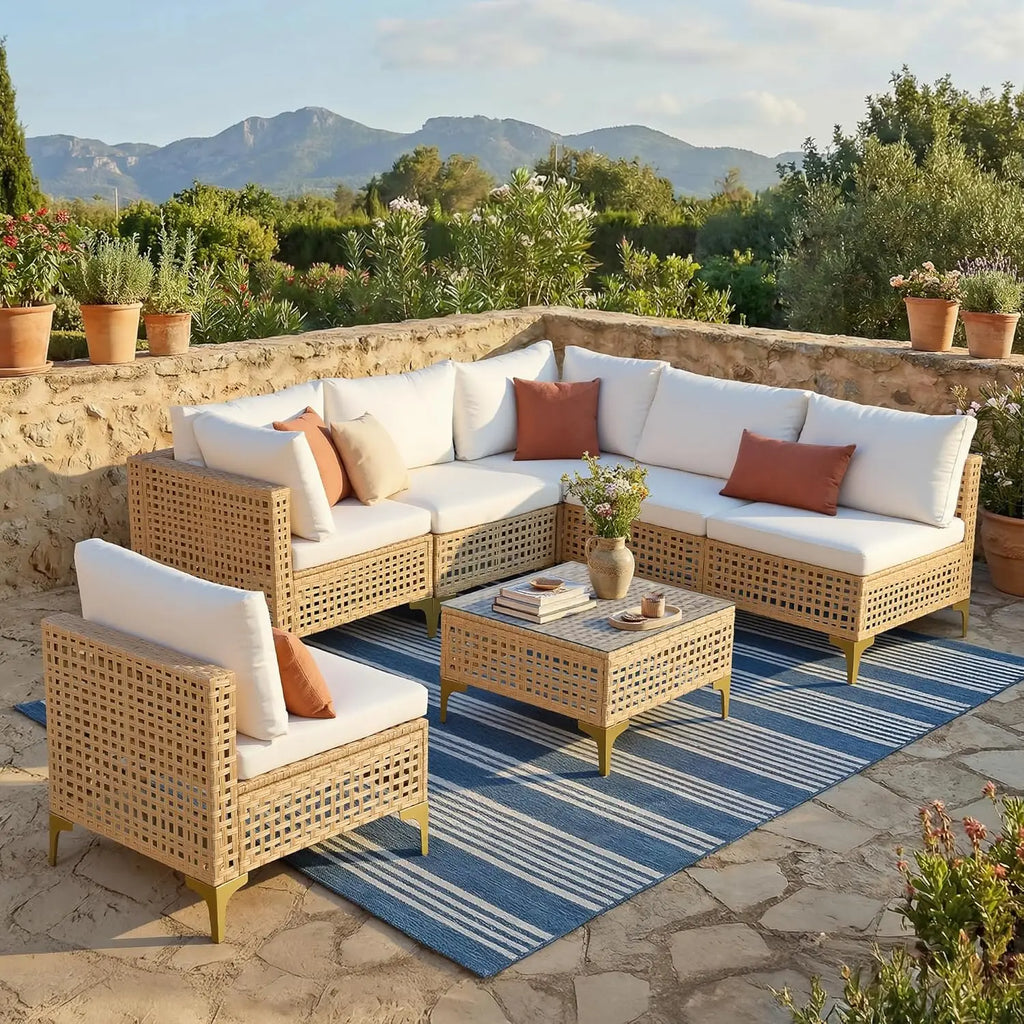 7-Piece Wicker Patio Sectional Sofa with Cushions & Glass Coffee Table for Porch Garden