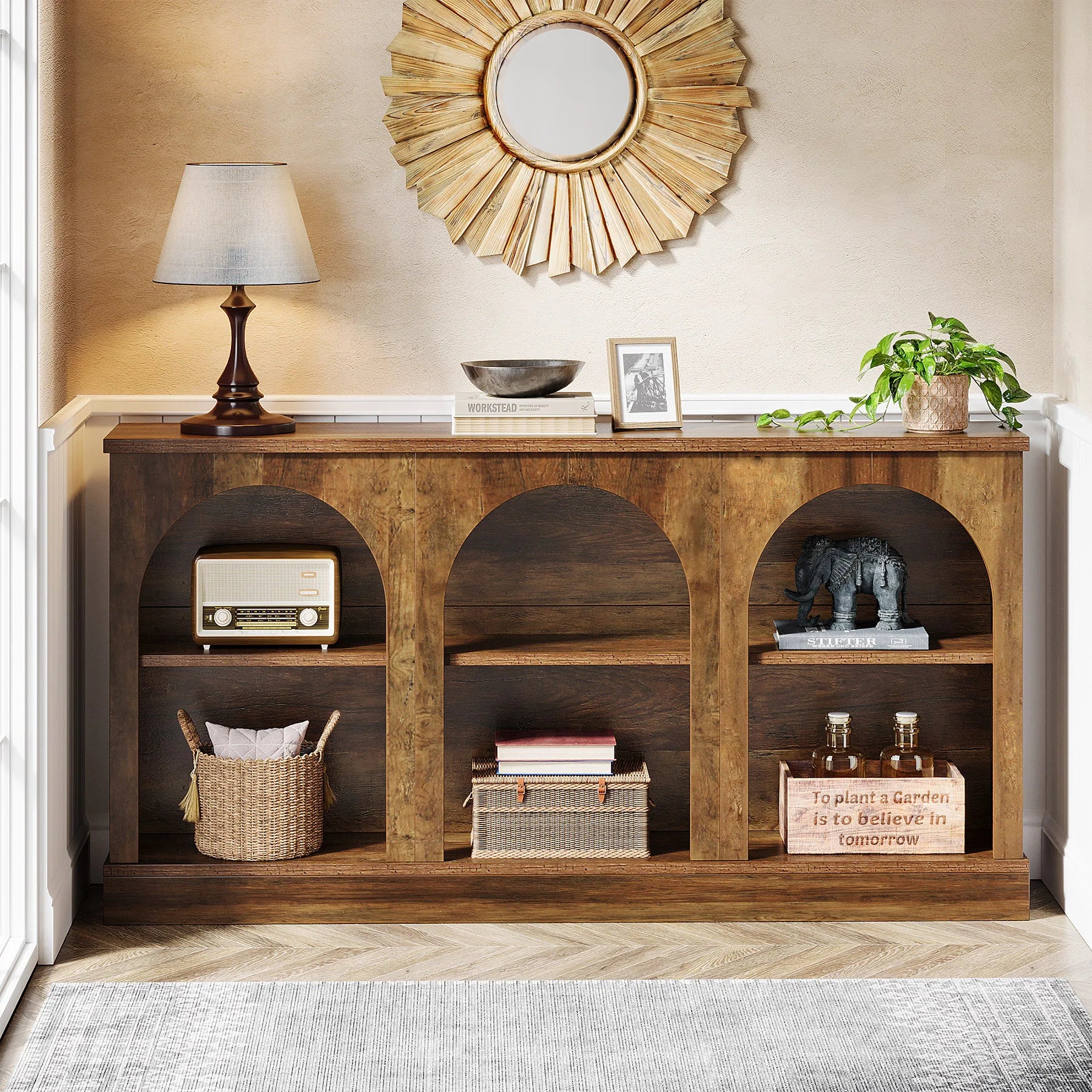 Farmhouse Console Table, 63-Inch Long Entryway Table with 3 Tier Storage, Wooden Rectangular Sofa Table