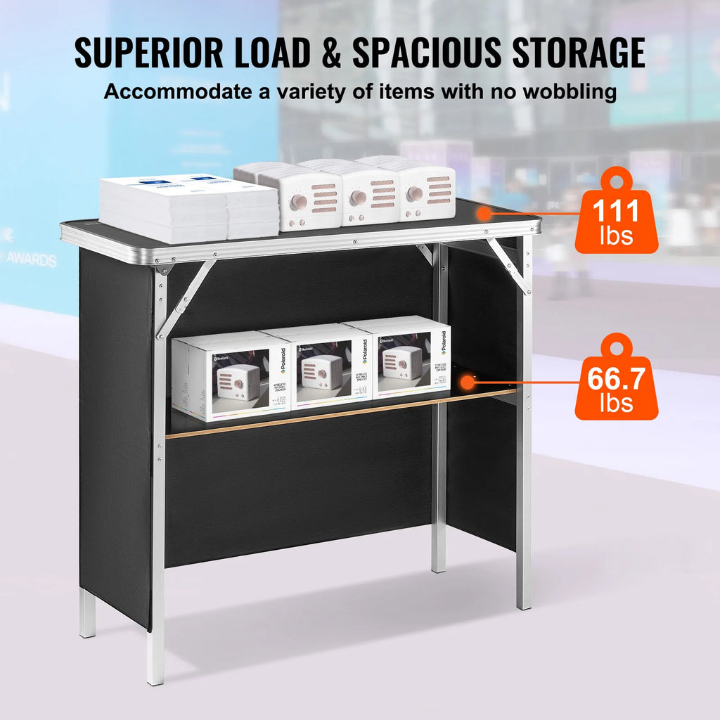 Folding Portable Bar Table Tradeshow Podium Table for Party Picnic Exhibition Include Carrying Case Storage Shelf Skirt
