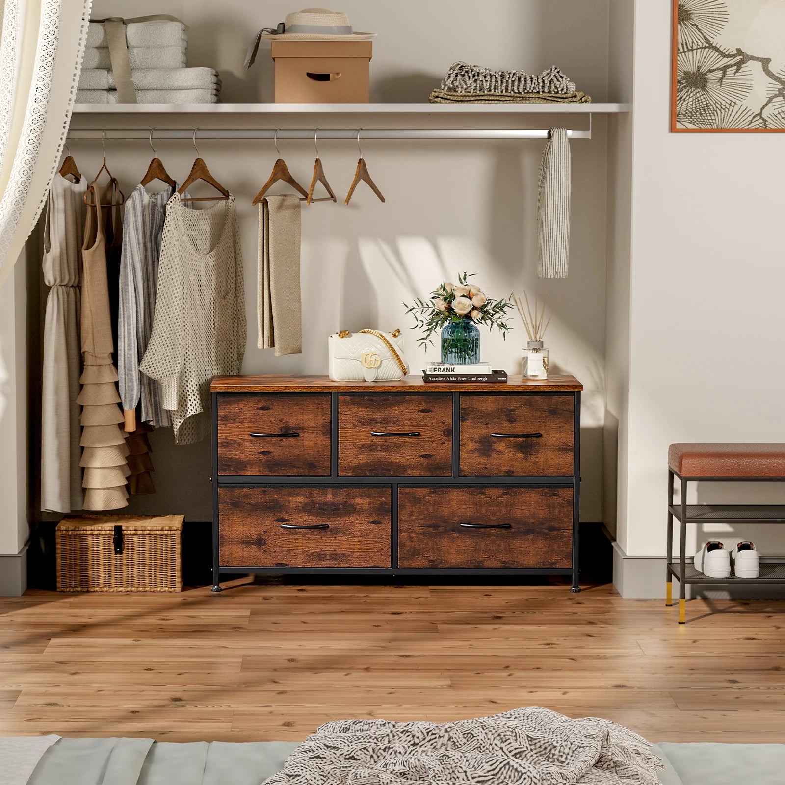 Living Room Display Cabinet Layers With 5 Fabric Drawers