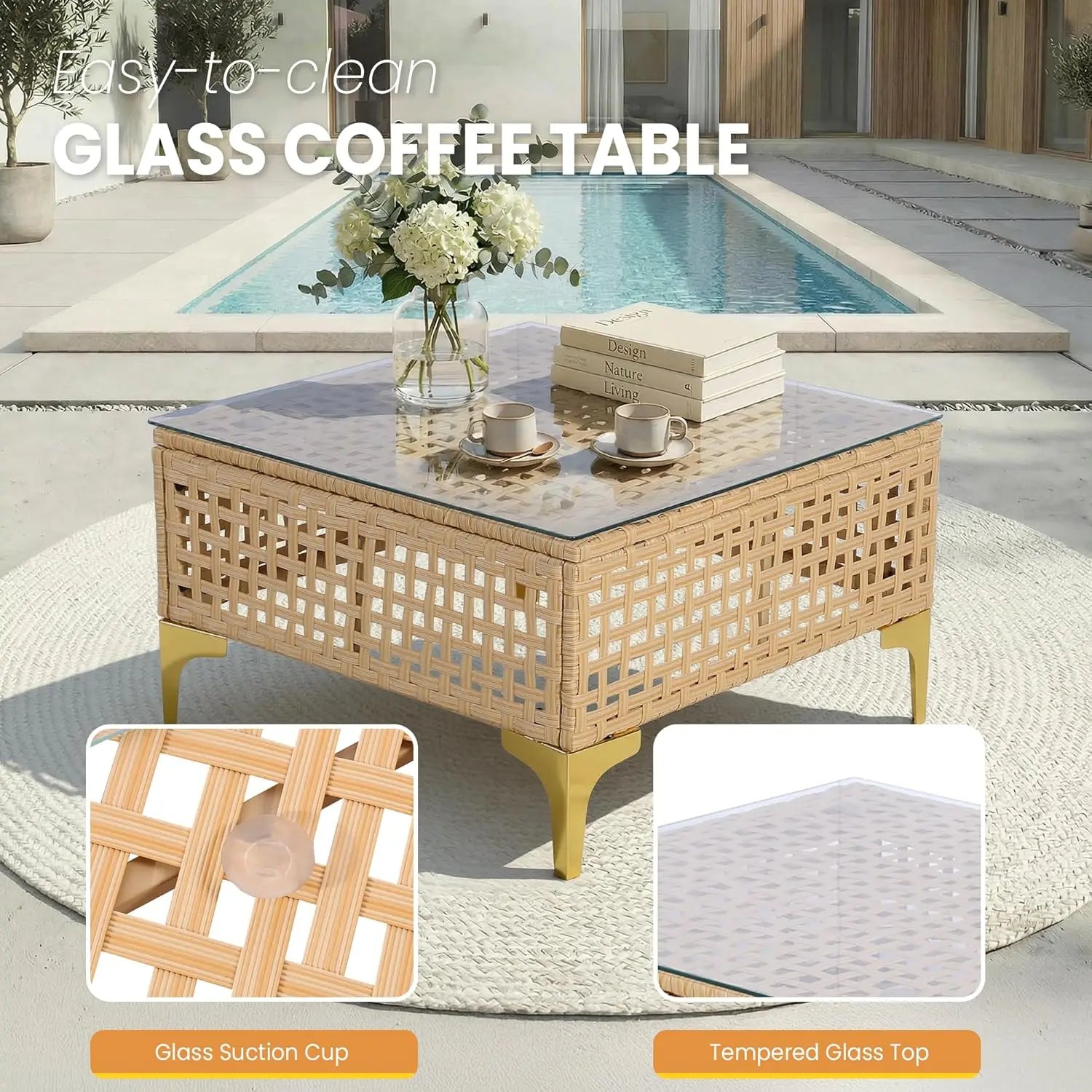 7-Piece Wicker Patio Sectional Sofa with Cushions & Glass Coffee Table for Porch Garden