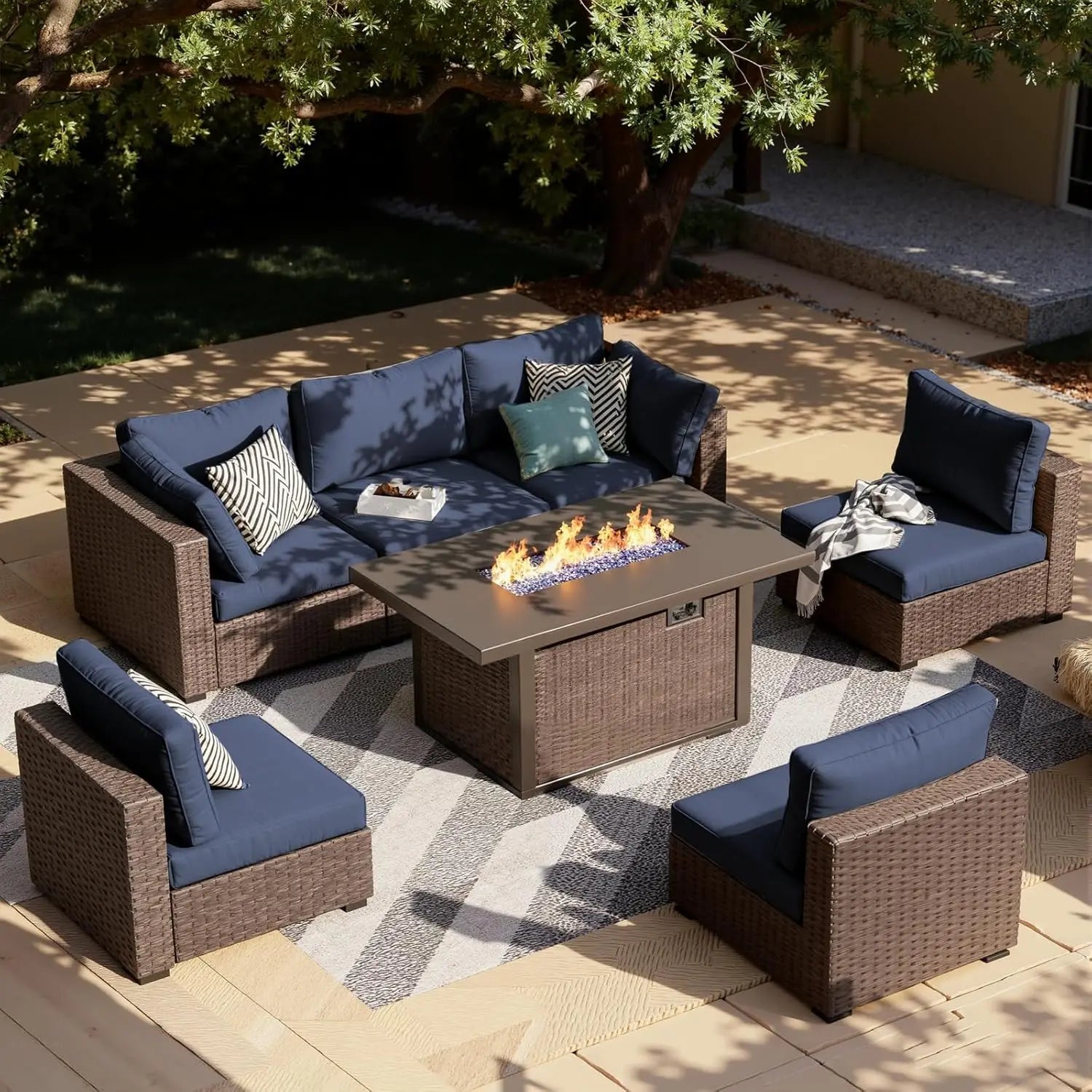 7-Pieces Patio Furniture Sets Outdoor Sectional Sofa with 44'' Propane Rattan Wicker Firepit Table,