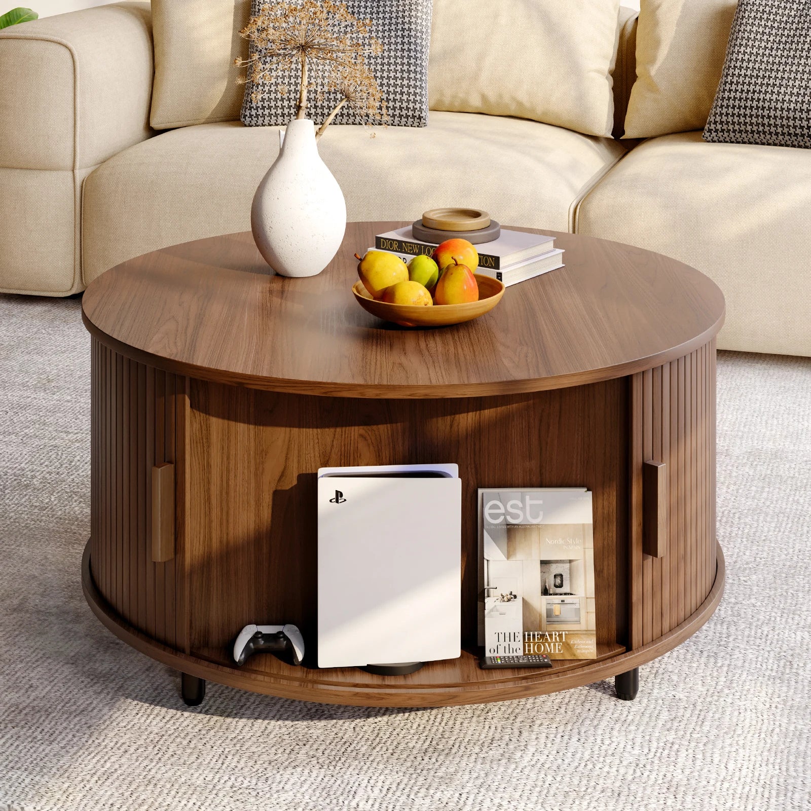 Round Coffee Table with Storage,31.5" Coffee Table with 360° Curved Sliding Door,