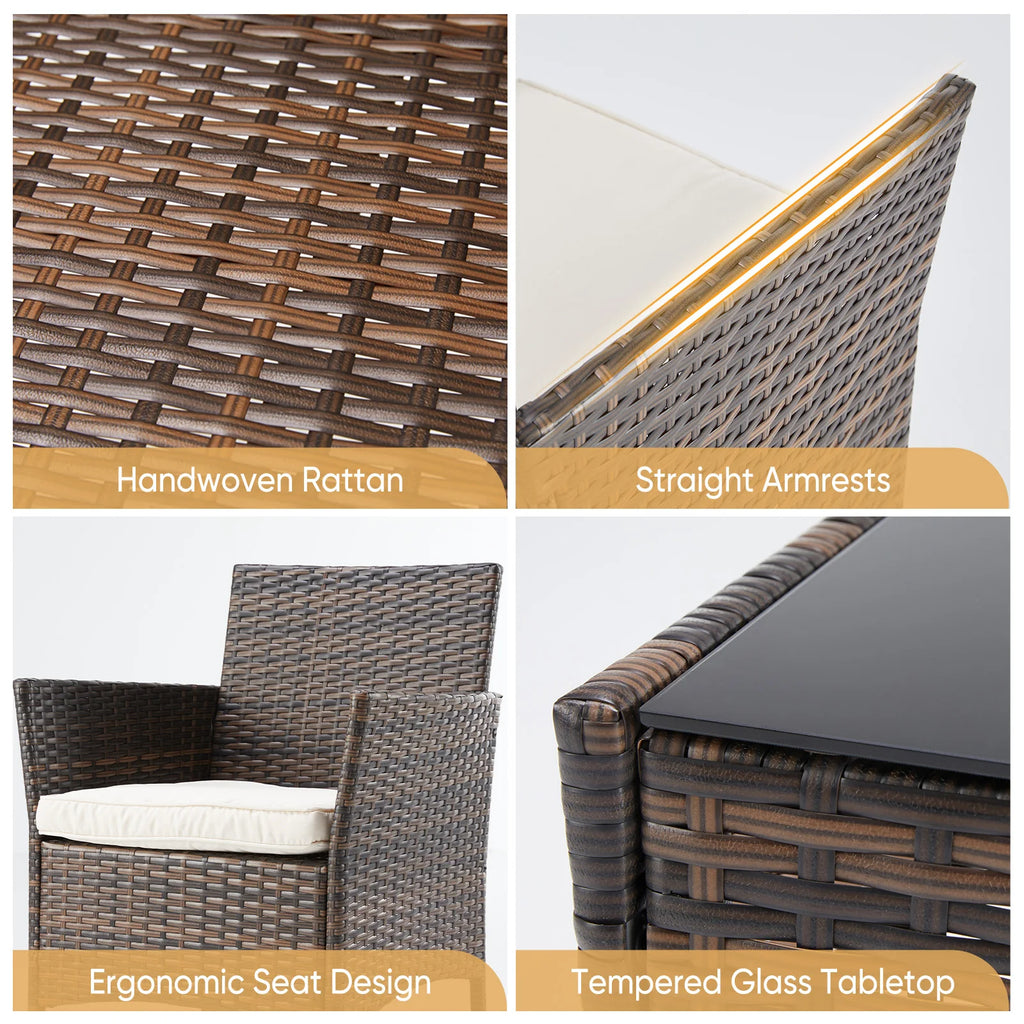 3 Pieces Outdoor Patio Furniture Wicker Rattan Patio Chairs with Soft Cushion and Glass Table