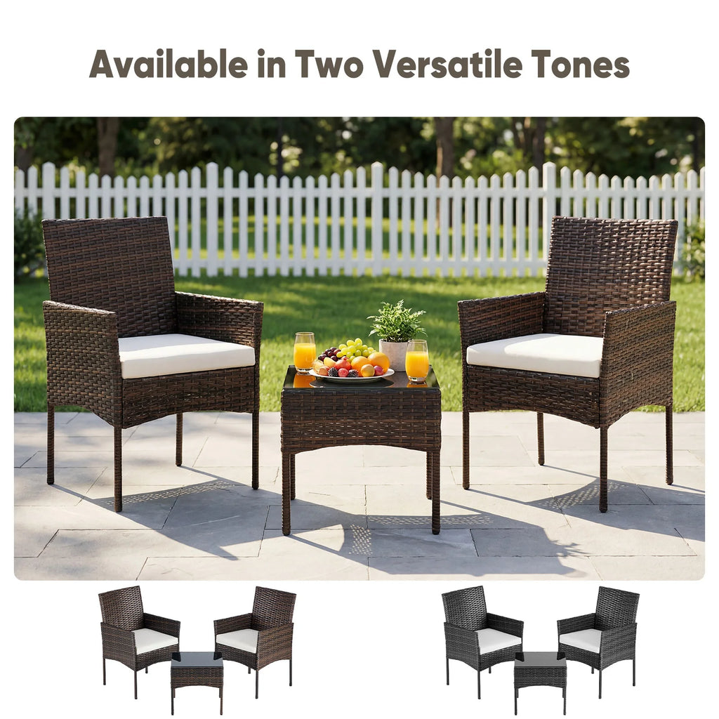 Large Size 3 Pieces Outdoor Patio Furniture Set All-Weather Wicker Bistro Set with Removable Cushions and Glass Table Garden