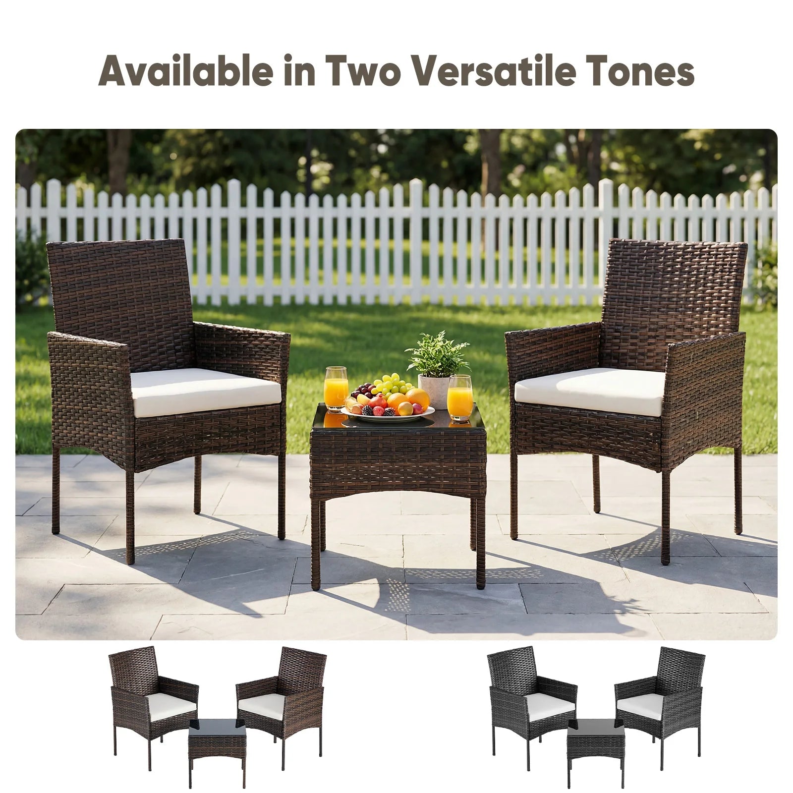 Large Size 3 Pieces Outdoor Patio Furniture Set All-Weather Wicker Bistro Set with Removable Cushions and Glass Table Garden